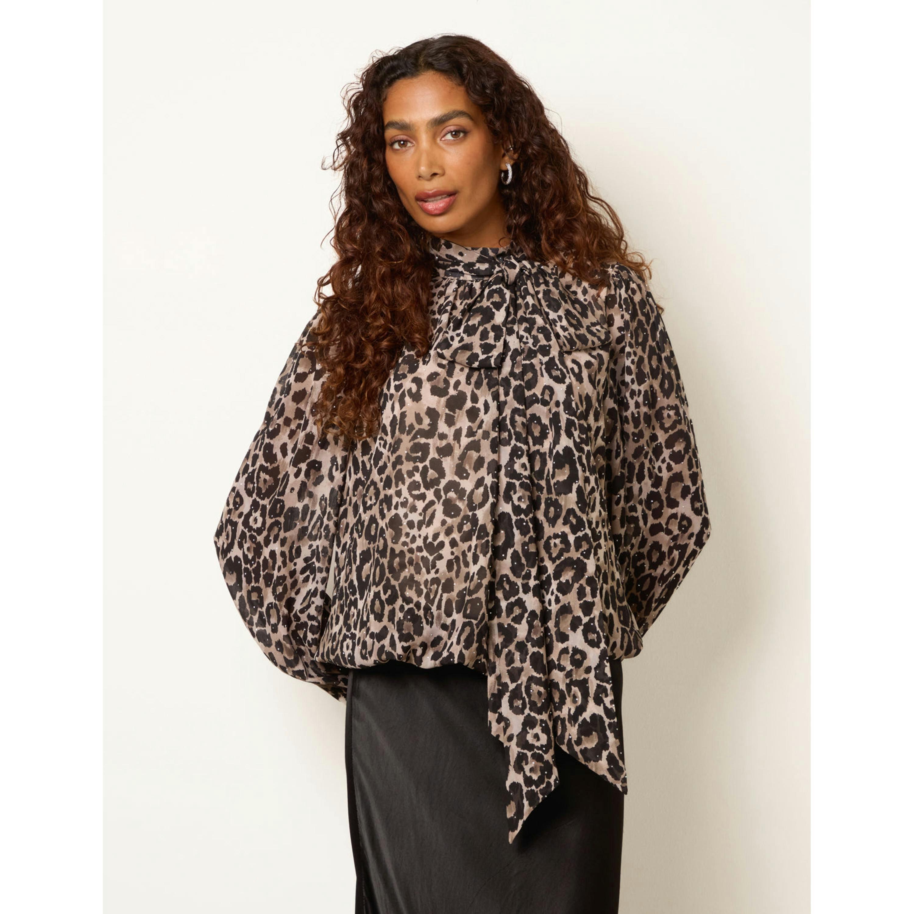 Blue Vanilla Leopard Diamante Tie Neck Puffball Blouse  in Brown , view 1 of 4