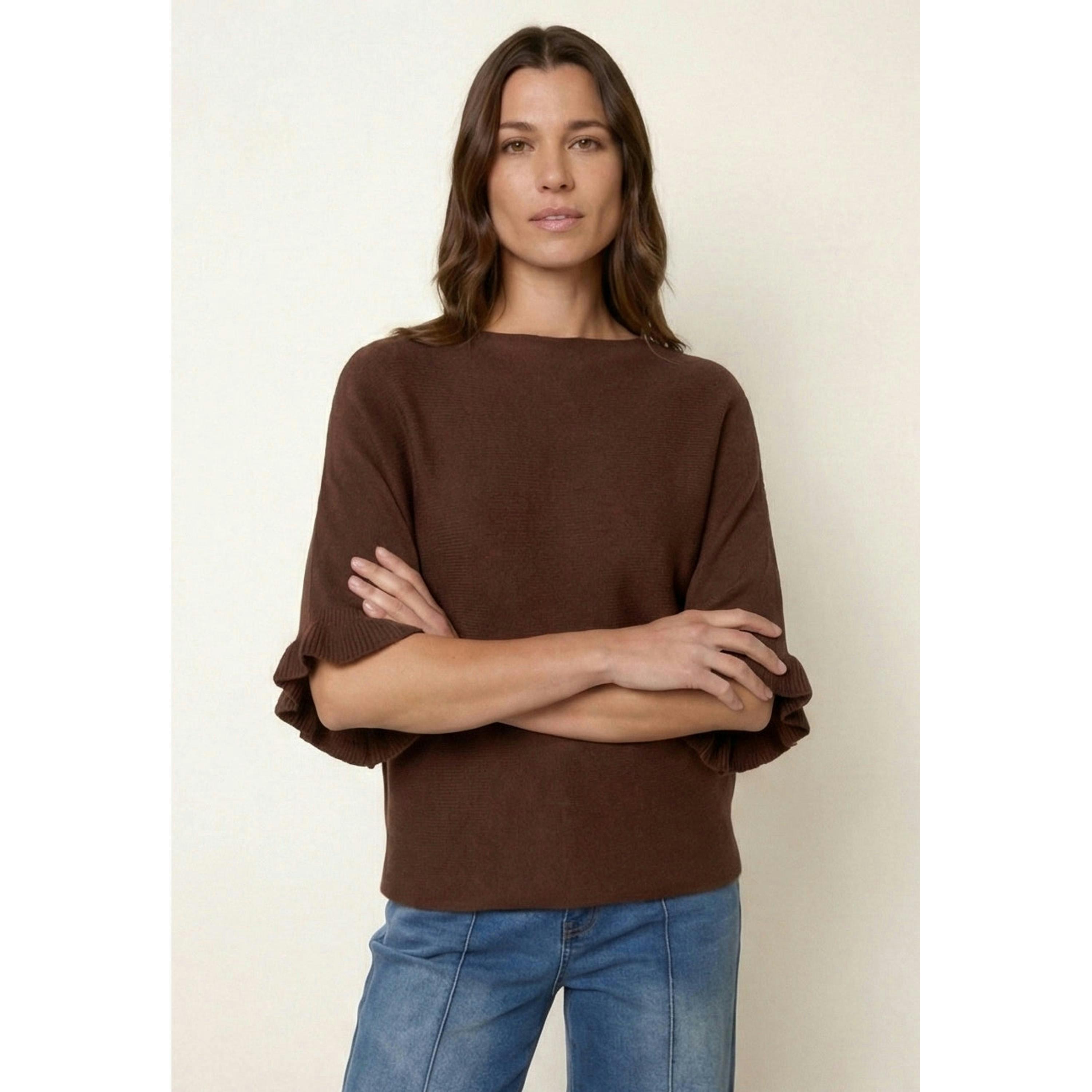 Blue Vanilla Knitted Frill Sleeve Batwing Jumper  in Brown , view 1 of 3