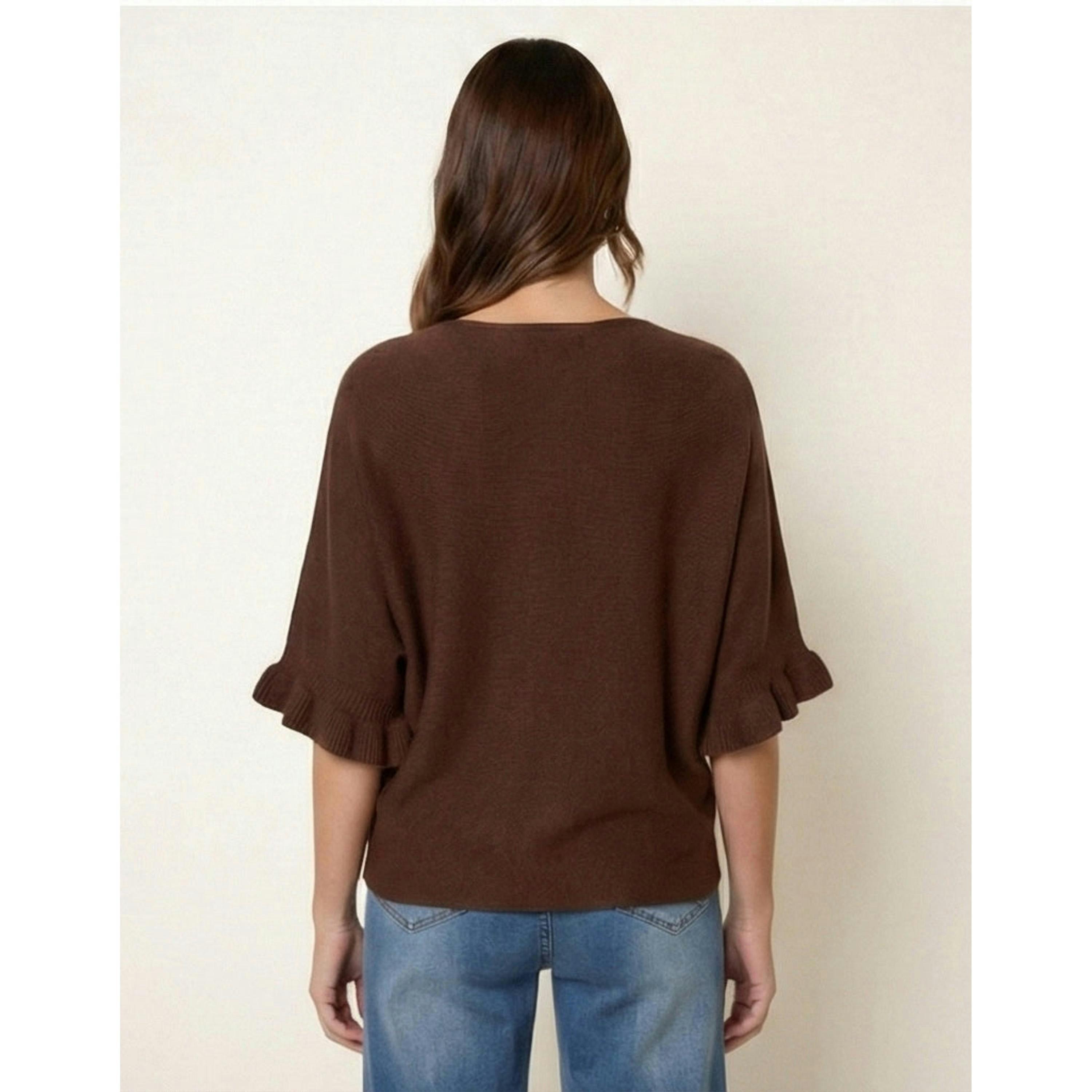 Blue Vanilla Knitted Frill Sleeve Batwing Jumper  in Brown , view 2 of 3