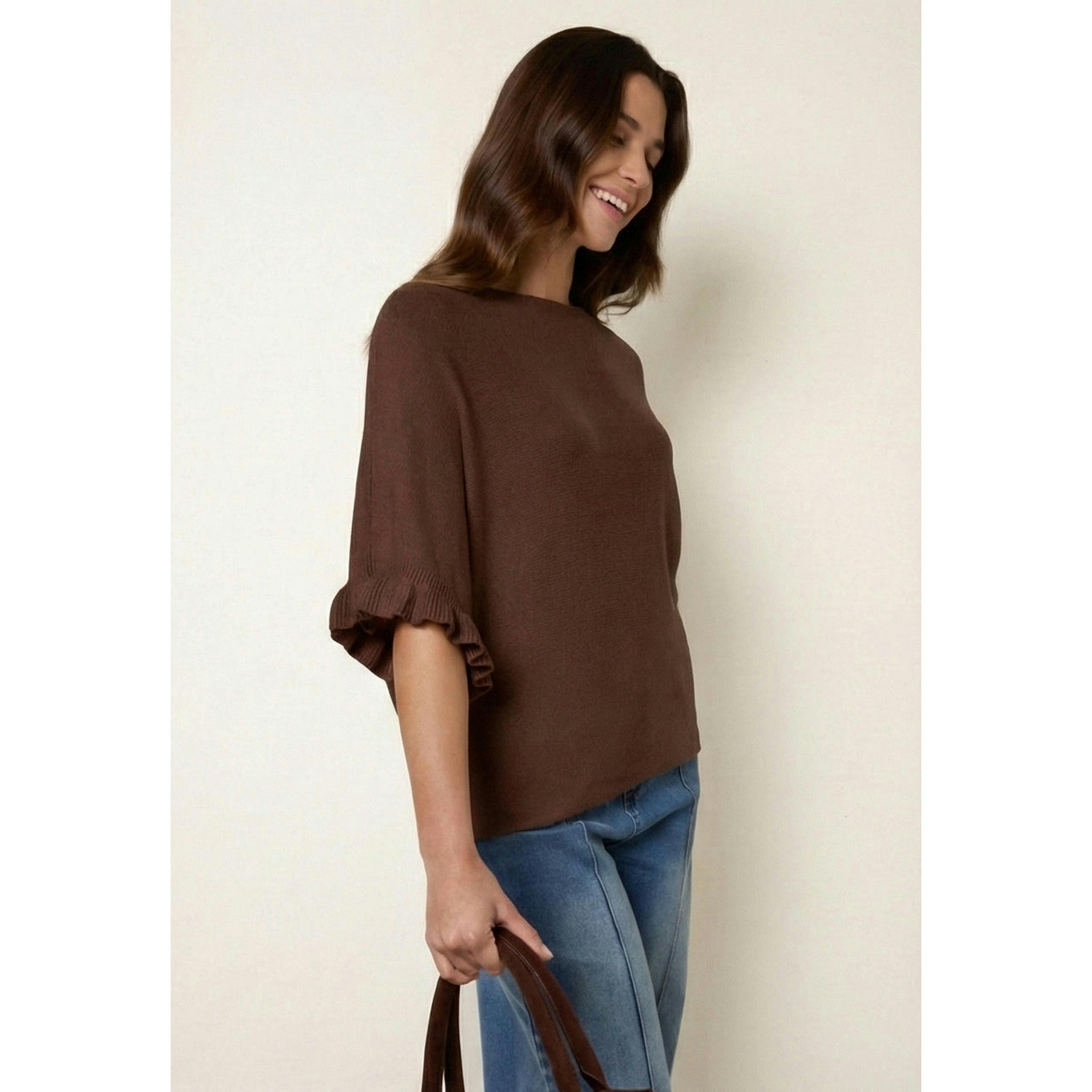 Blue Vanilla Knitted Frill Sleeve Batwing Jumper  in Brown , view 3 of 3