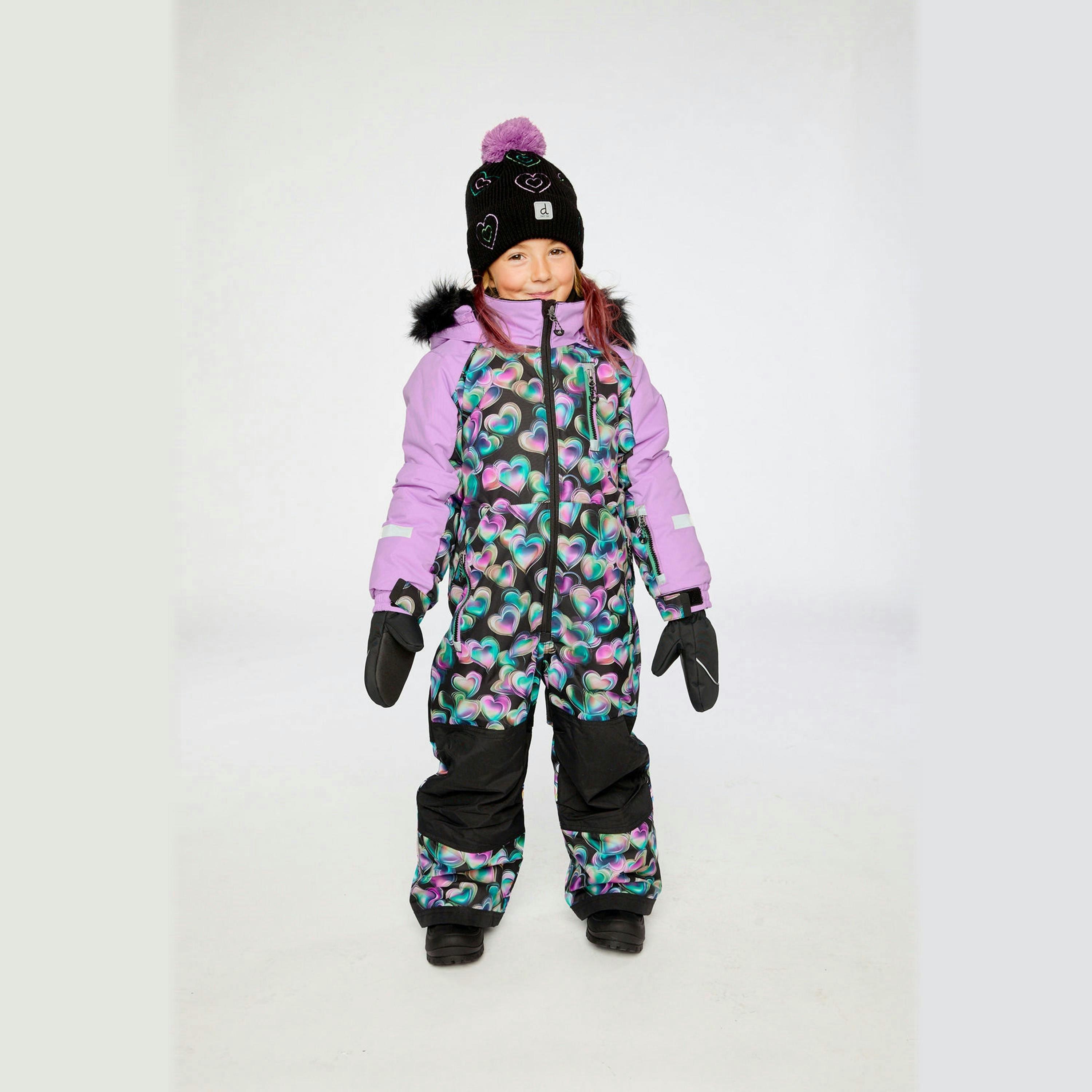 Kids One Piece Play Snowsuit Black Heart Print , view 2 of 6