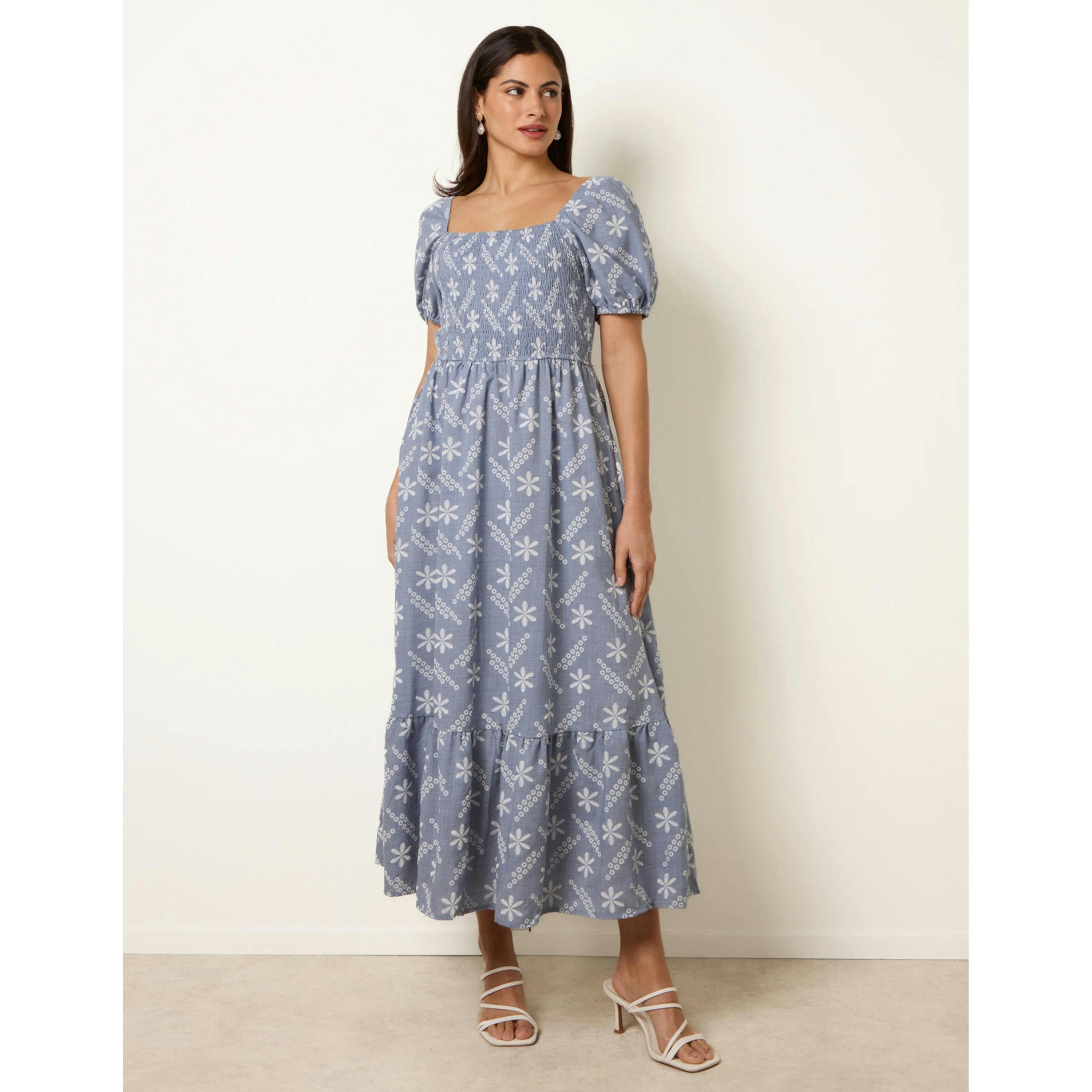 Blue Vanilla Embroidery Puff Sleeve Midi Dress  in Blue , view 1 of 4