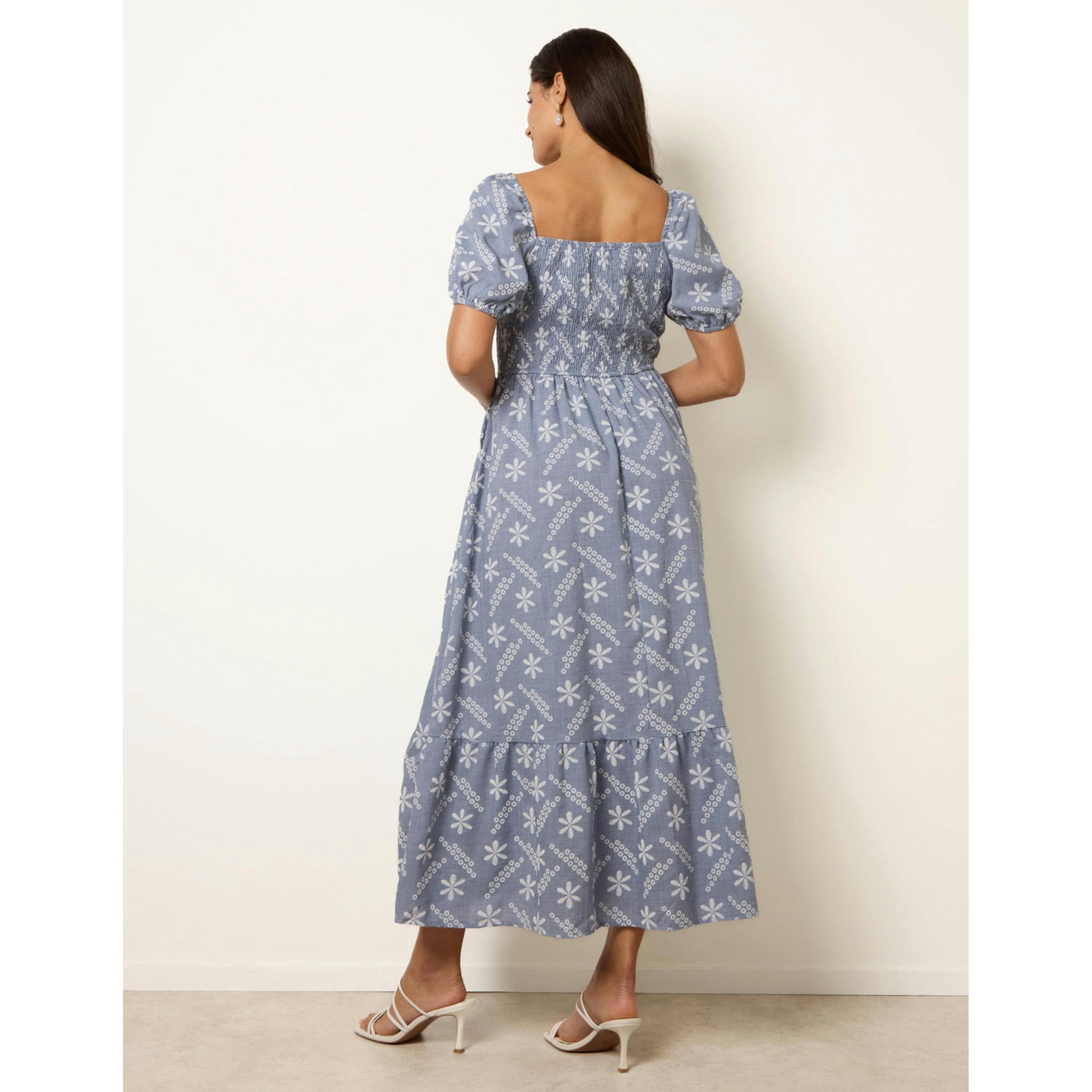 Blue Vanilla Embroidery Puff Sleeve Midi Dress  in Blue , view 2 of 4