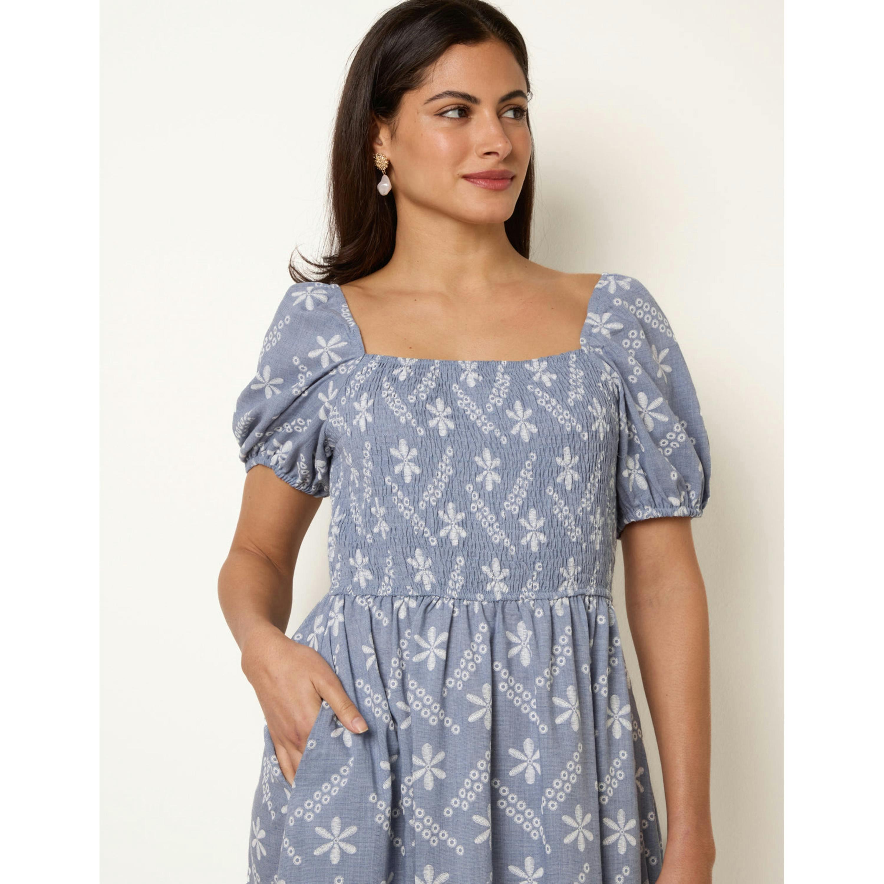 Blue Vanilla Embroidery Puff Sleeve Midi Dress  in Blue , view 3 of 4