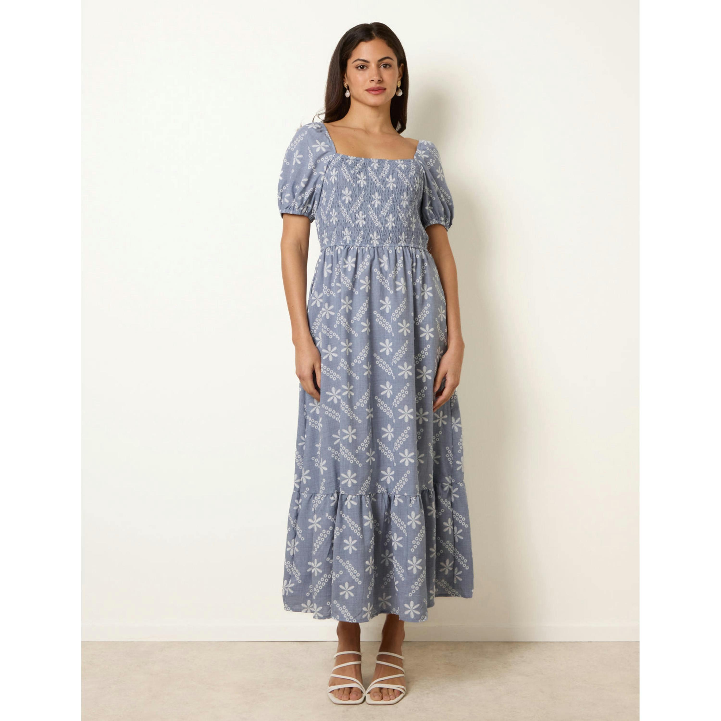 Blue Vanilla Embroidery Puff Sleeve Midi Dress  in Blue , view 4 of 4