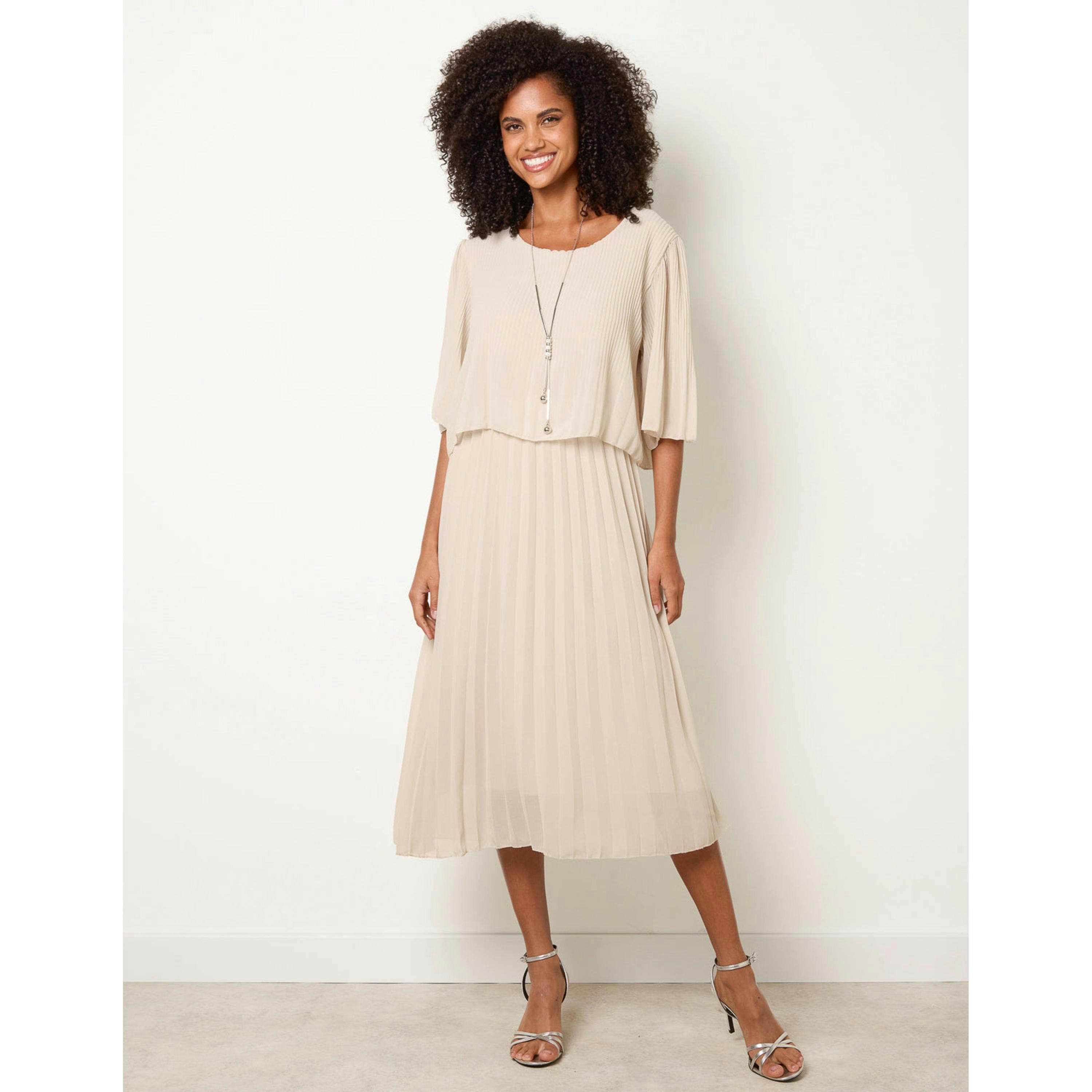 Blue Vanilla Pleated Short Sleeve Dress with Necklace  in Stone , view 1 of 4