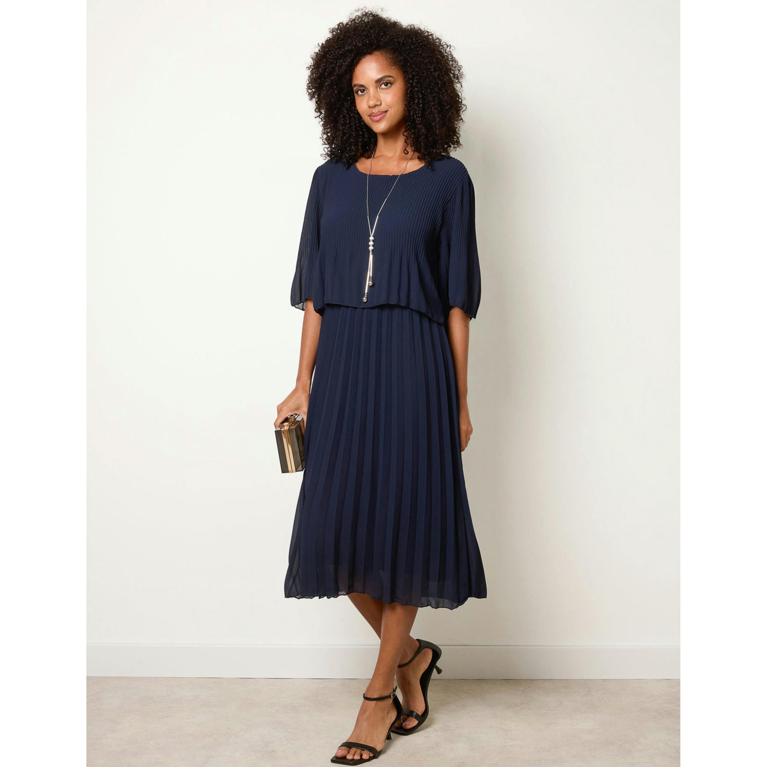 Blue Vanilla Pleated Short Sleeve Dress with Necklace  in Navy , view 1 of 4