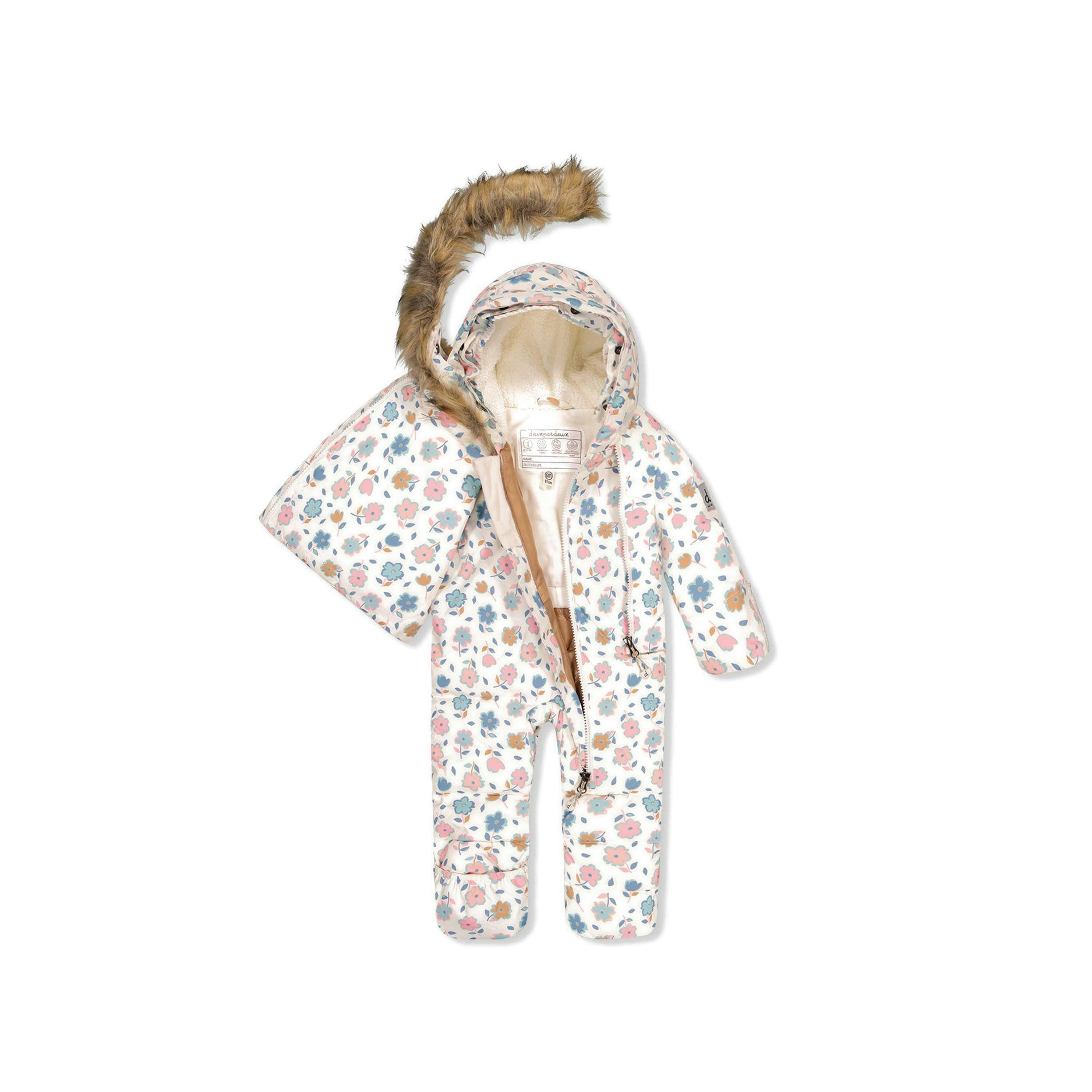 Baby Snug One Piece Snowsuit Adapted For Car Seats White With Floral Print , view 5 of 6