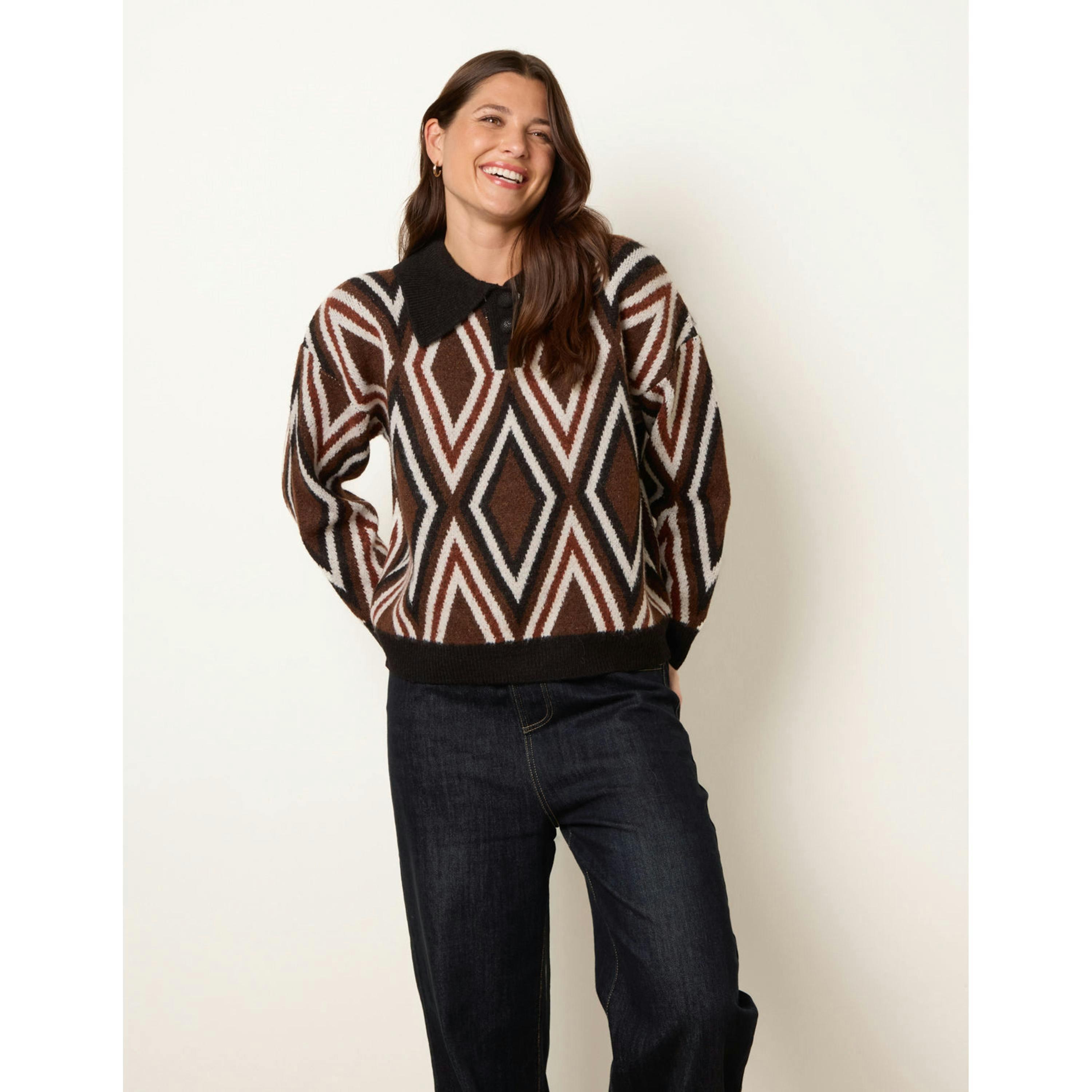 Blue Vanilla Diamond Knit Polo Jumper  in Multicolour , view 1 of 4