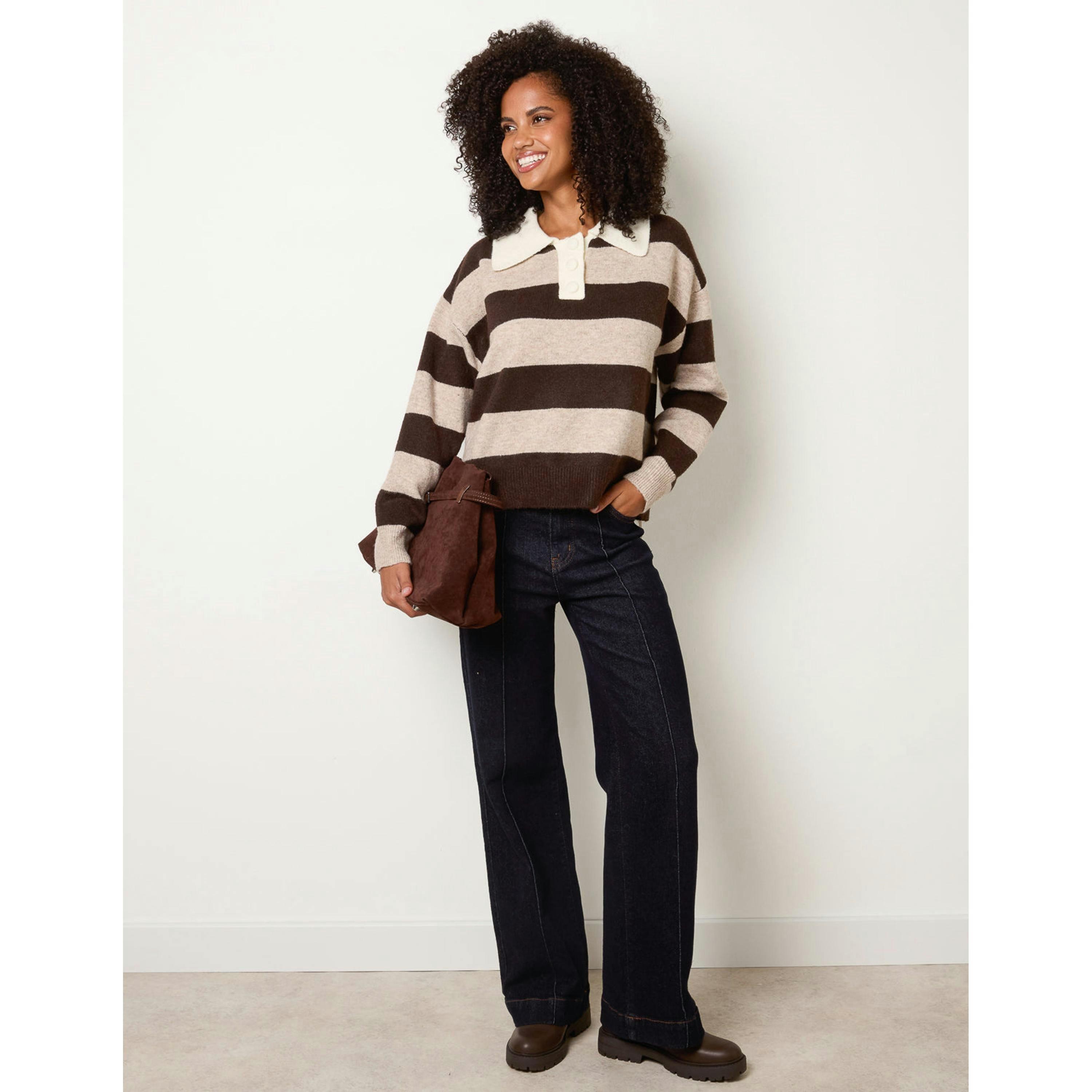 Blue Vanilla Stripe Knit Polo Jumper  in Brown , view 1 of 4
