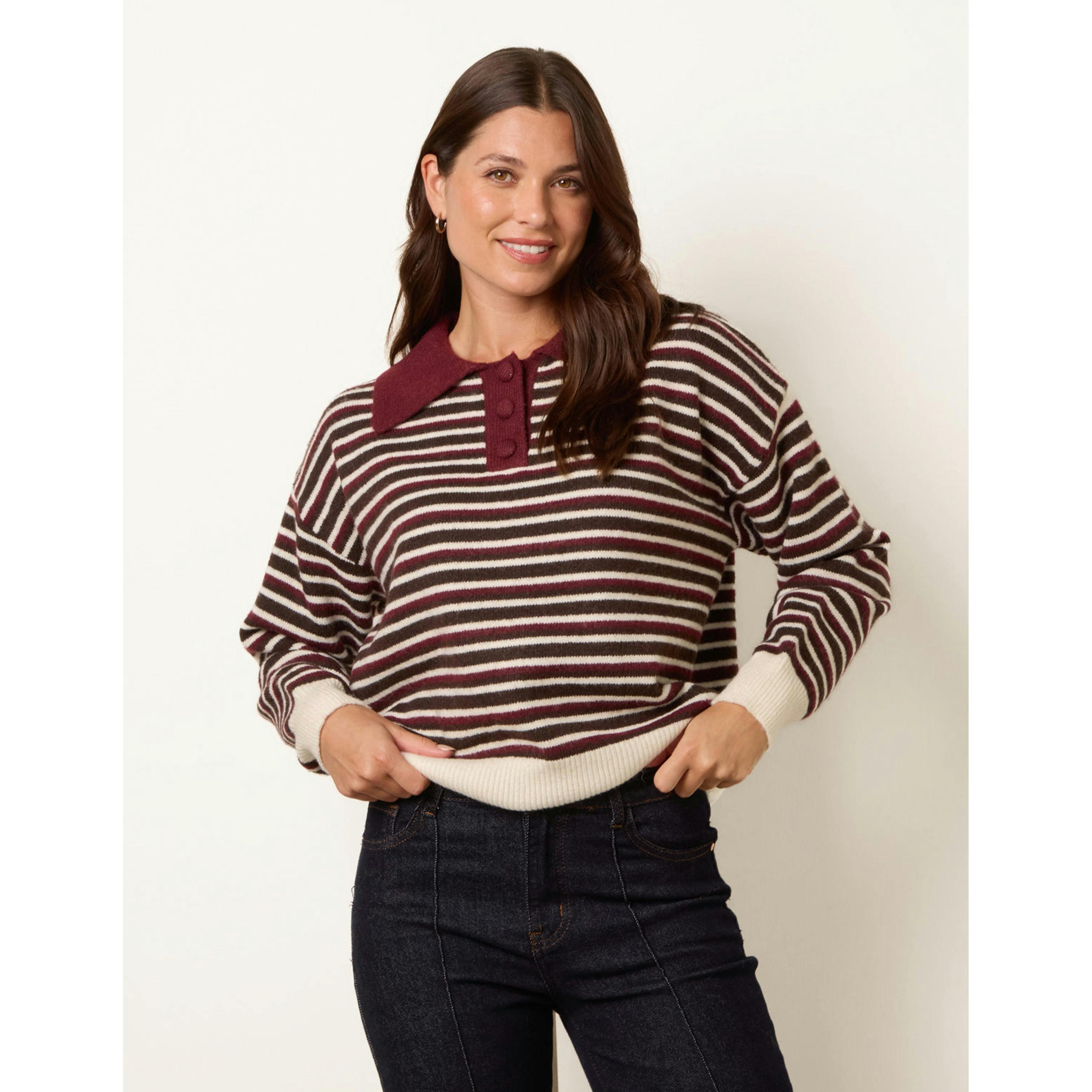 Blue Vanilla Stripe Knit Polo Jumper  in Red , view 1 of 4