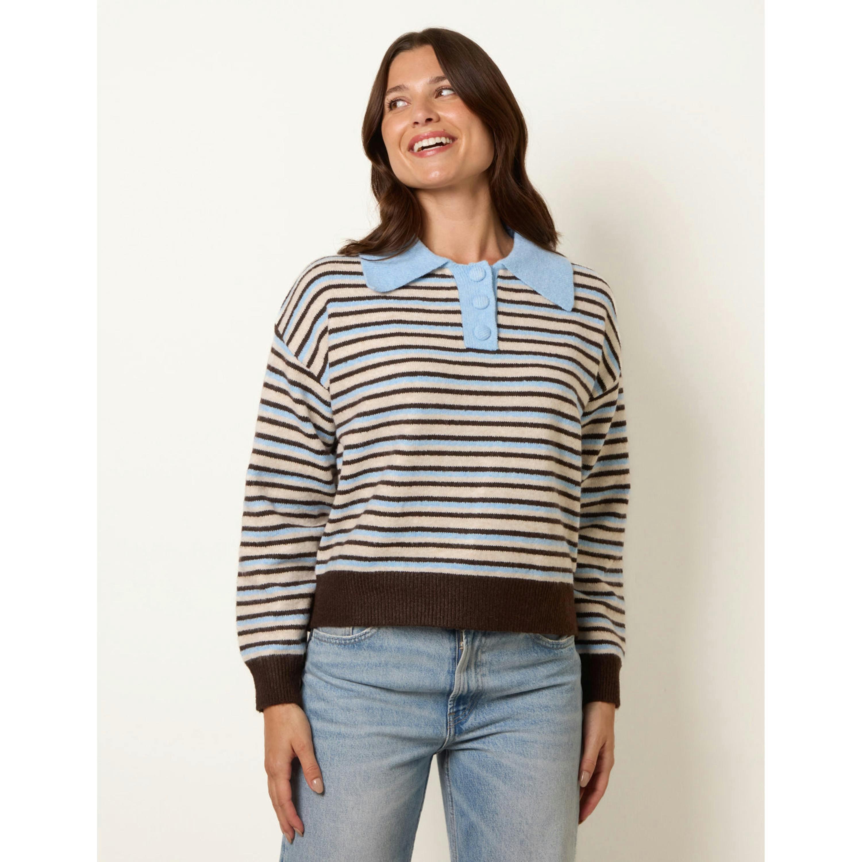 Blue Vanilla Stripe Knit Polo Jumper  in Beige , view 1 of 4