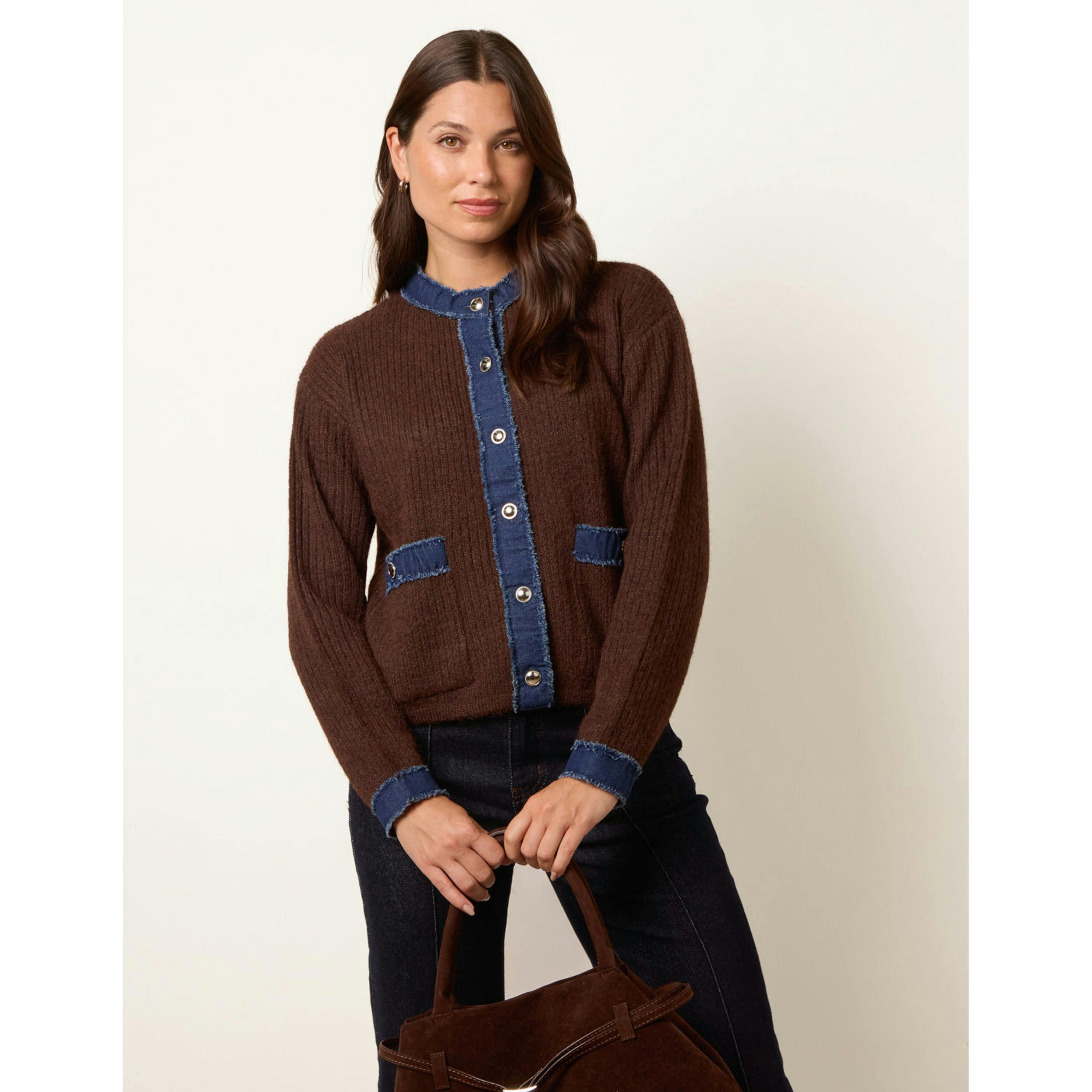Blue Vanilla Denim Mix Cardigan  in Brown , view 1 of 4