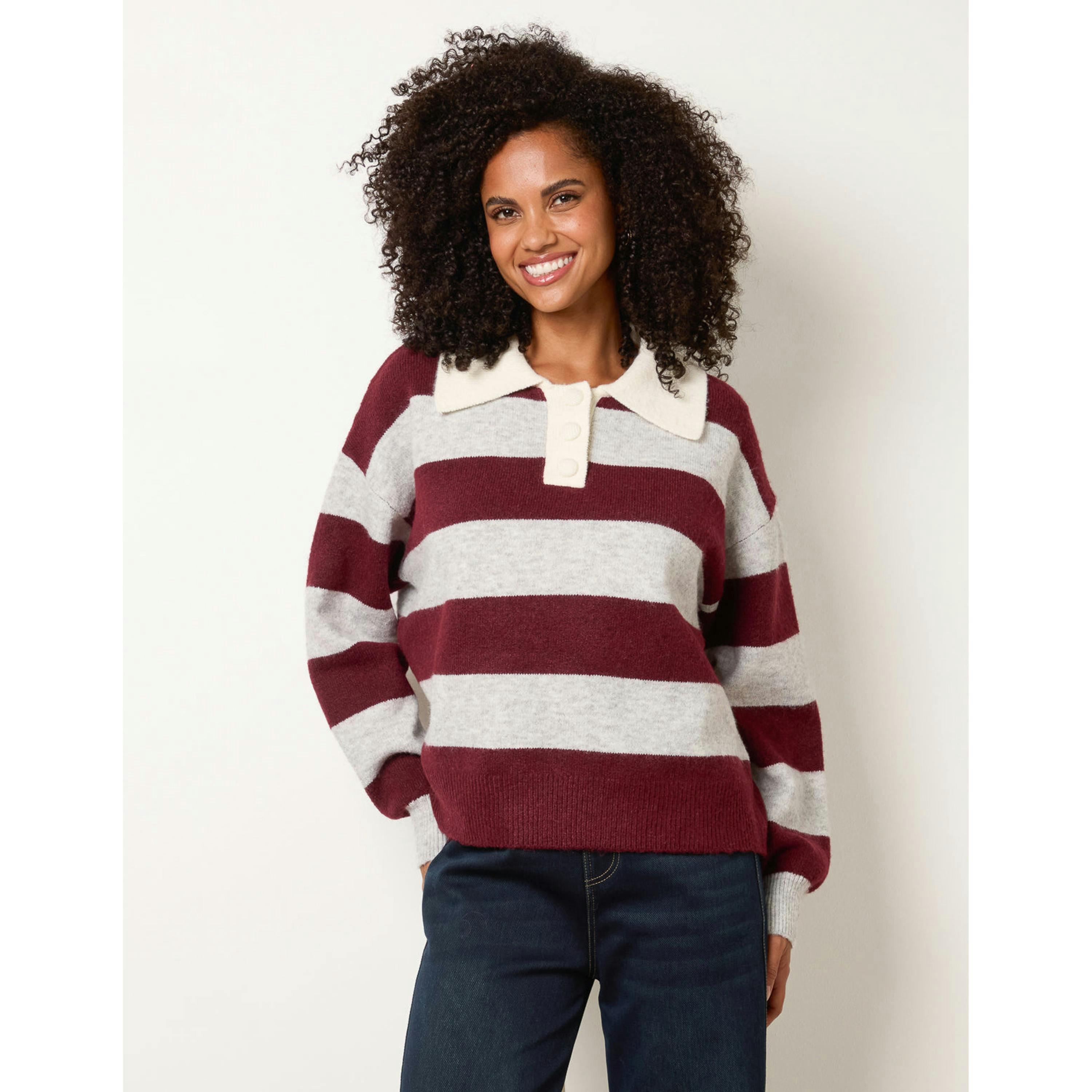 Blue Vanilla Stripe Knit Polo Jumper  in Wine , view 1 of 4