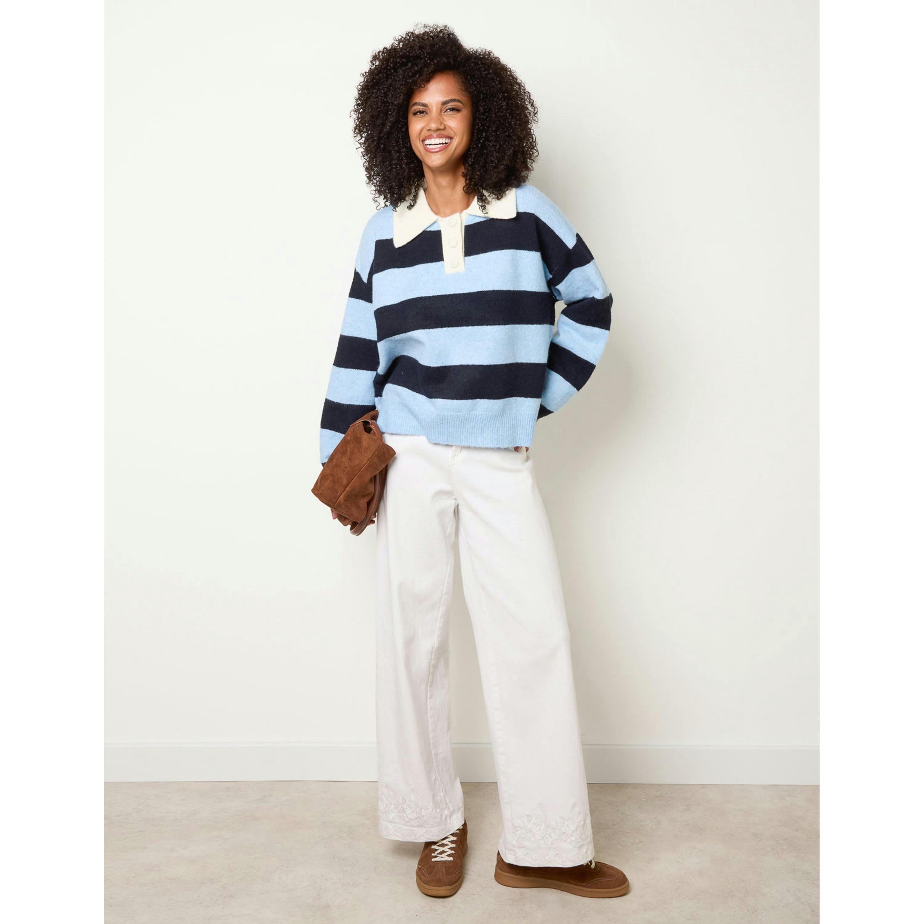 Blue Vanilla Stripe Knit Polo Jumper  in Blue , view 1 of 4
