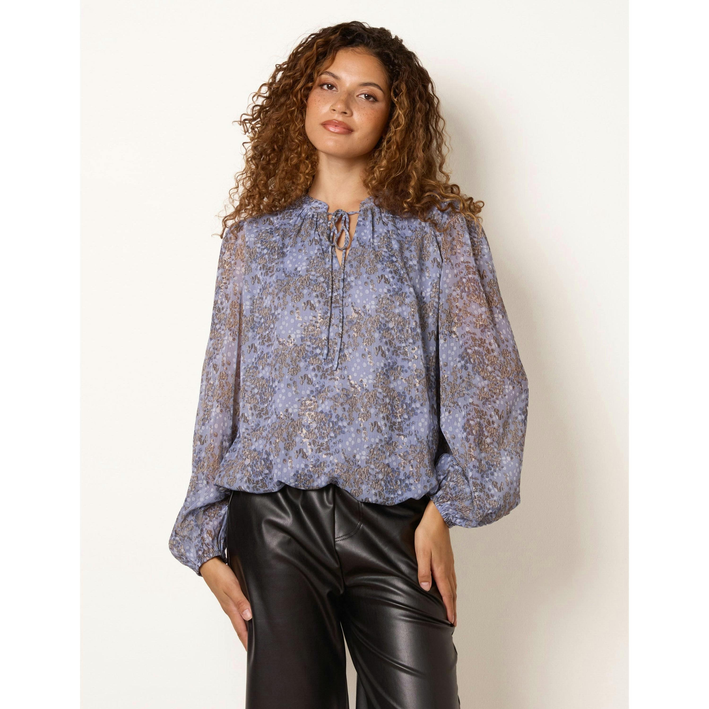Blue Vanilla Metallic Leopard Print Tie Neck Puff Ball Blouse  in Blue , view 1 of 4