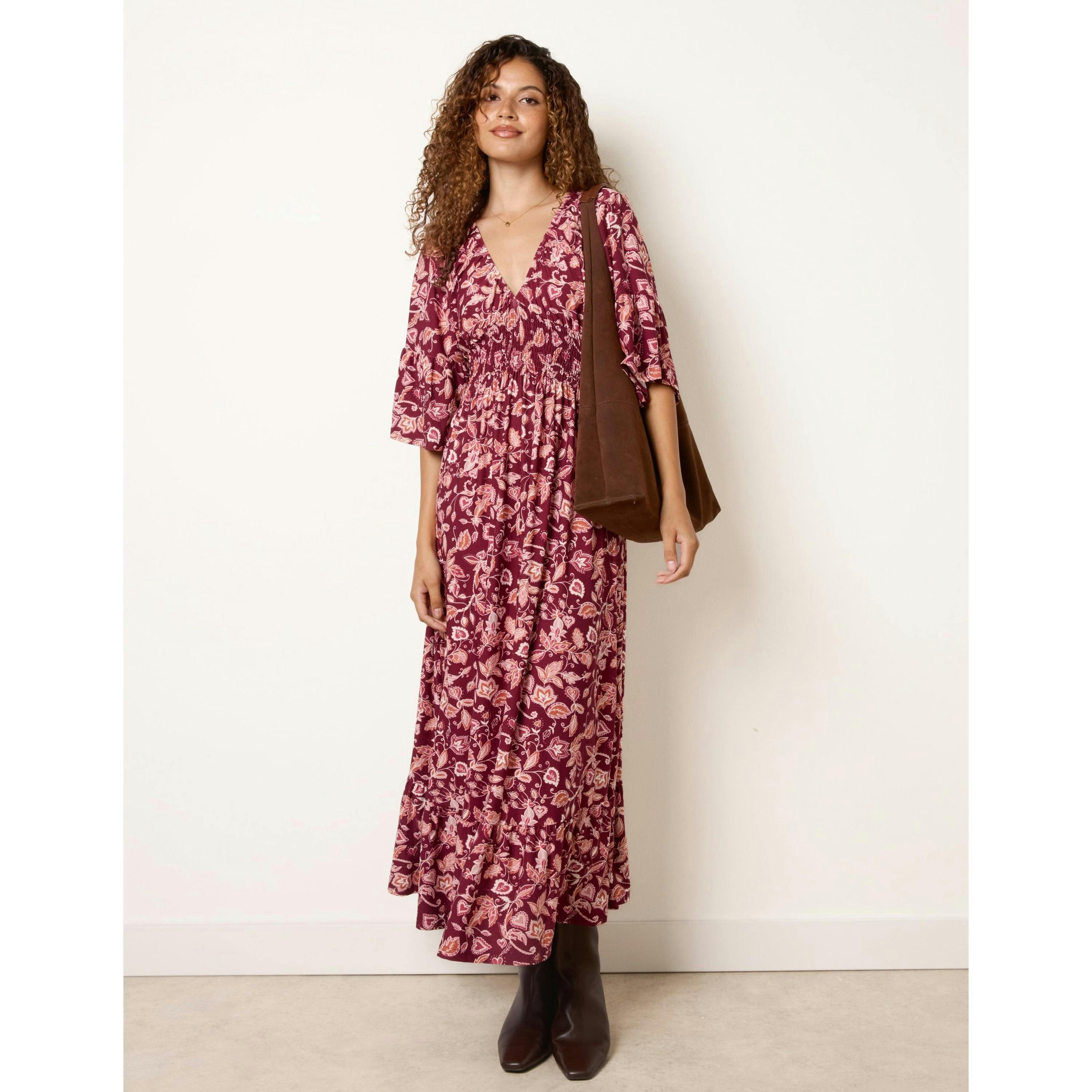 Blue Vanilla Elasticated V Neck Magic Midi Dress  in Wine , view 1 of 4