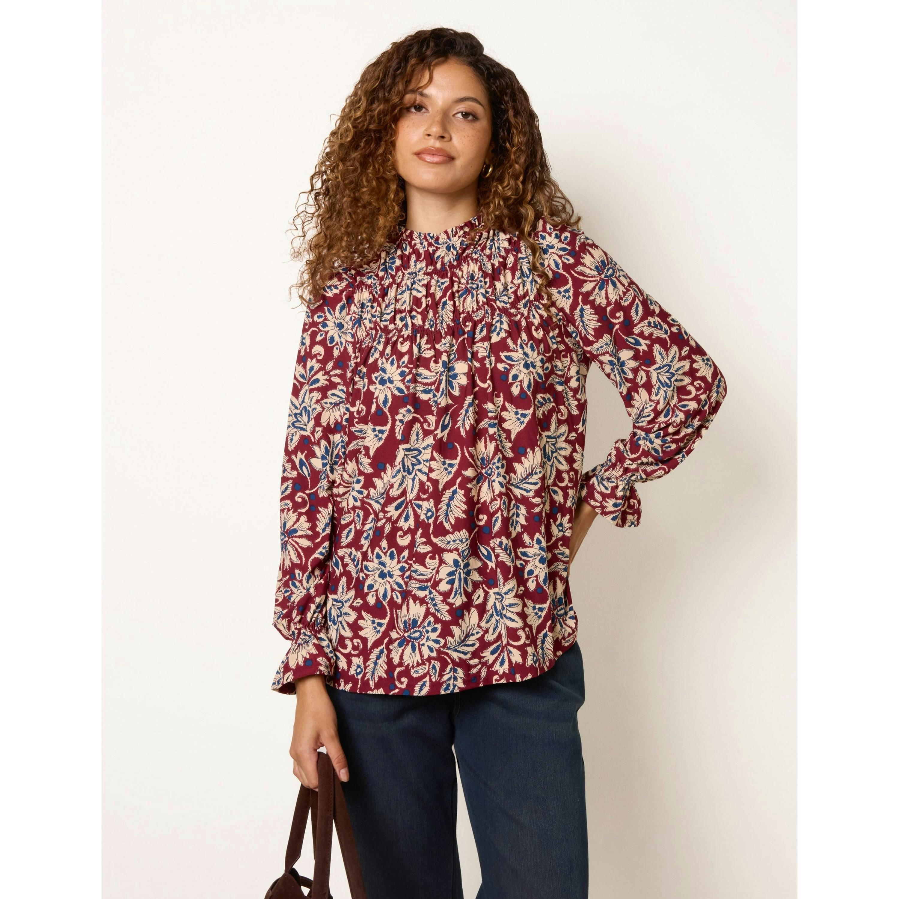 Blue Vanilla Frill Neck Smock Top  in Wine , view 1 of 4