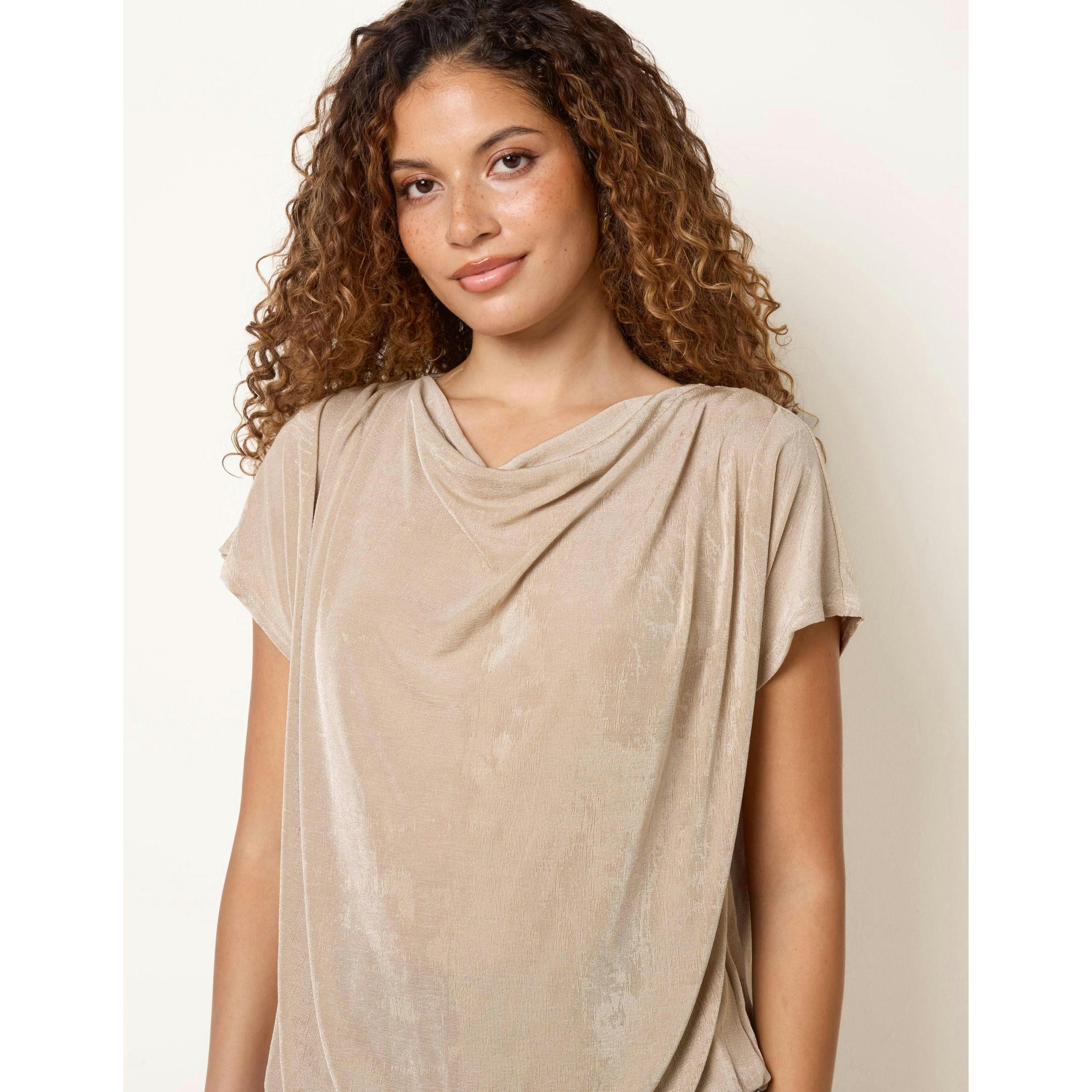Blue Vanilla Draped Cowl Neck Deep Hem Top  in Beige , view 1 of 4
