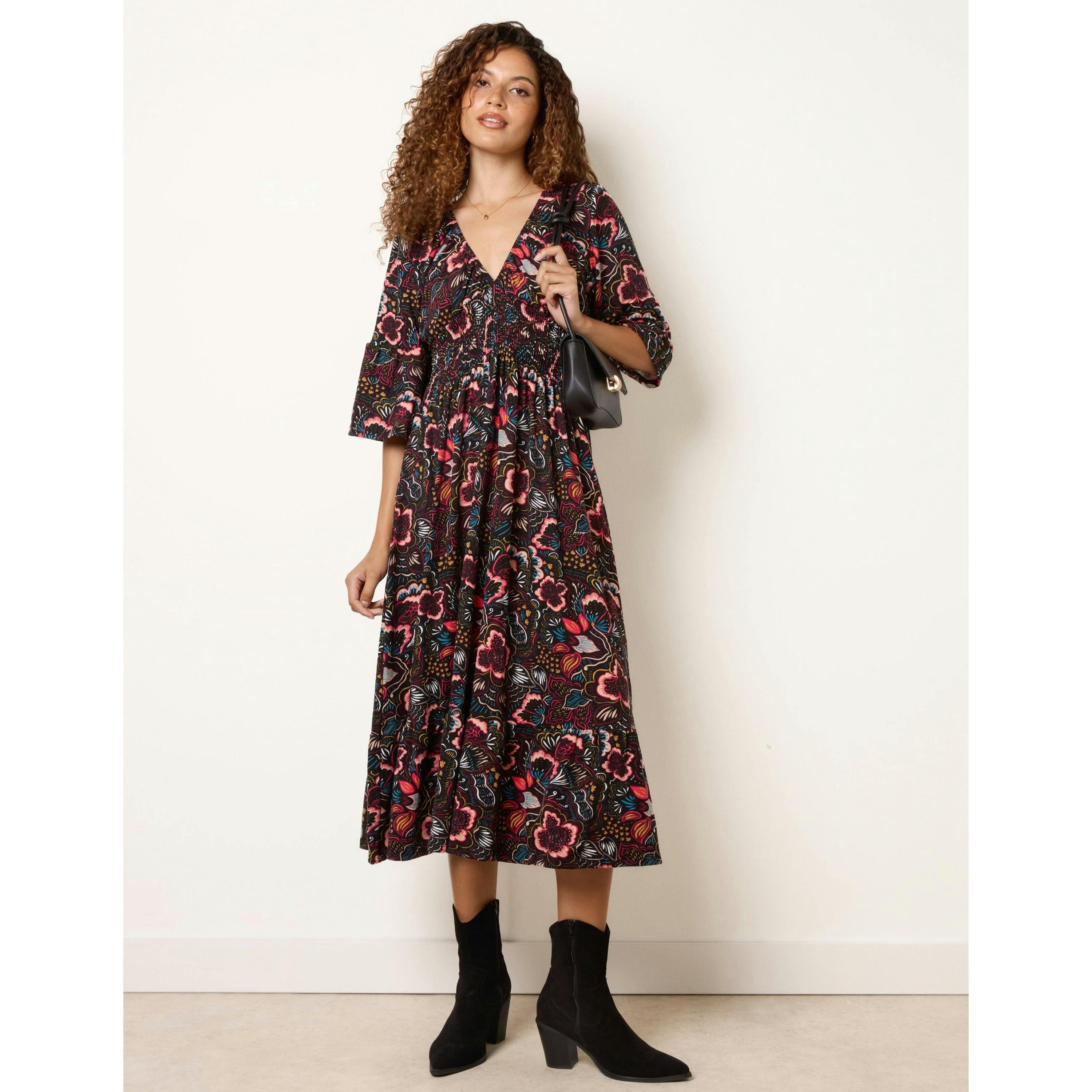 Blue Vanilla V Neck Elasticated Midi Dress  in Multicolour , view 1 of 4