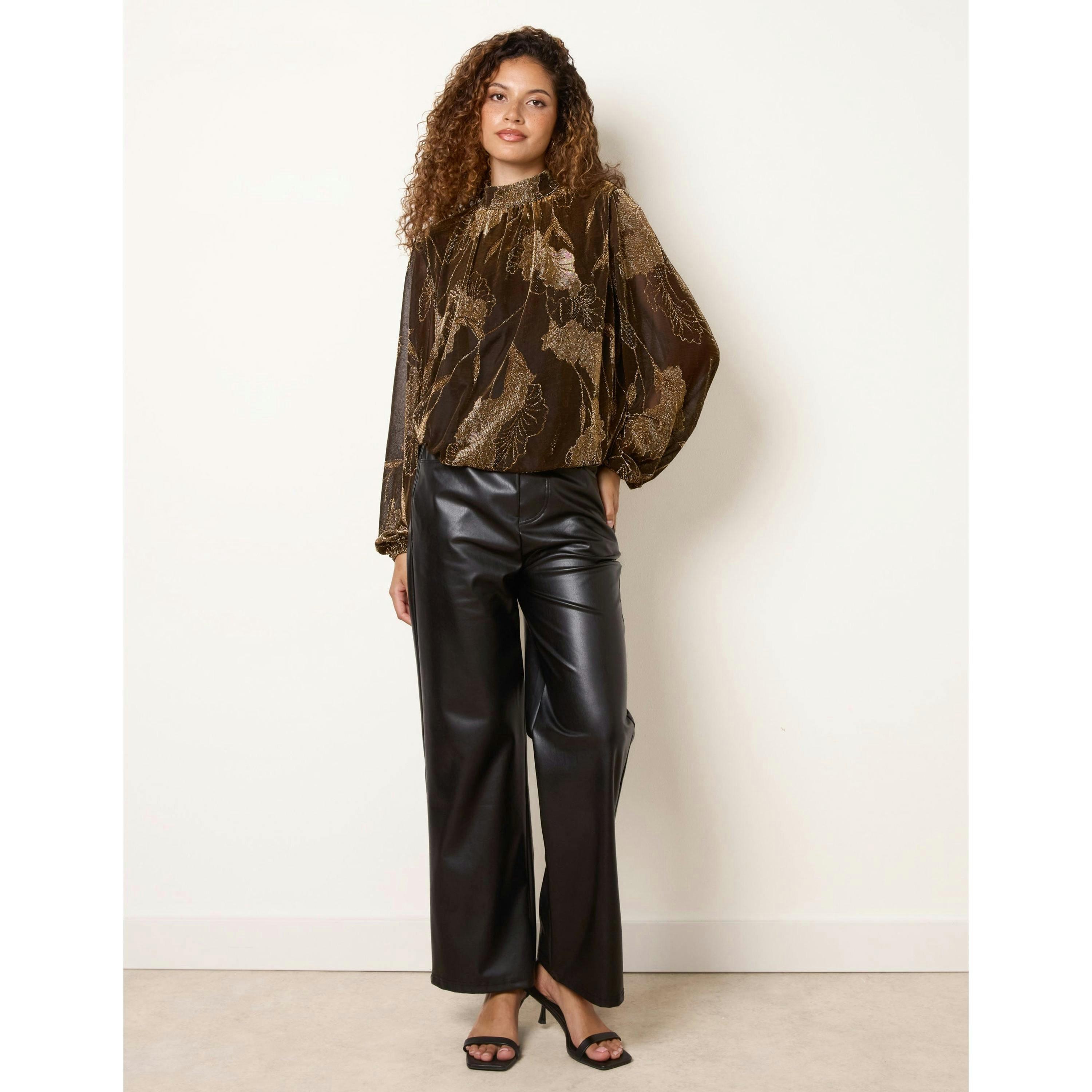 Blue Vanilla Metallic Floral High Neck Puff Ball Blouse  in Bronze , view 1 of 4