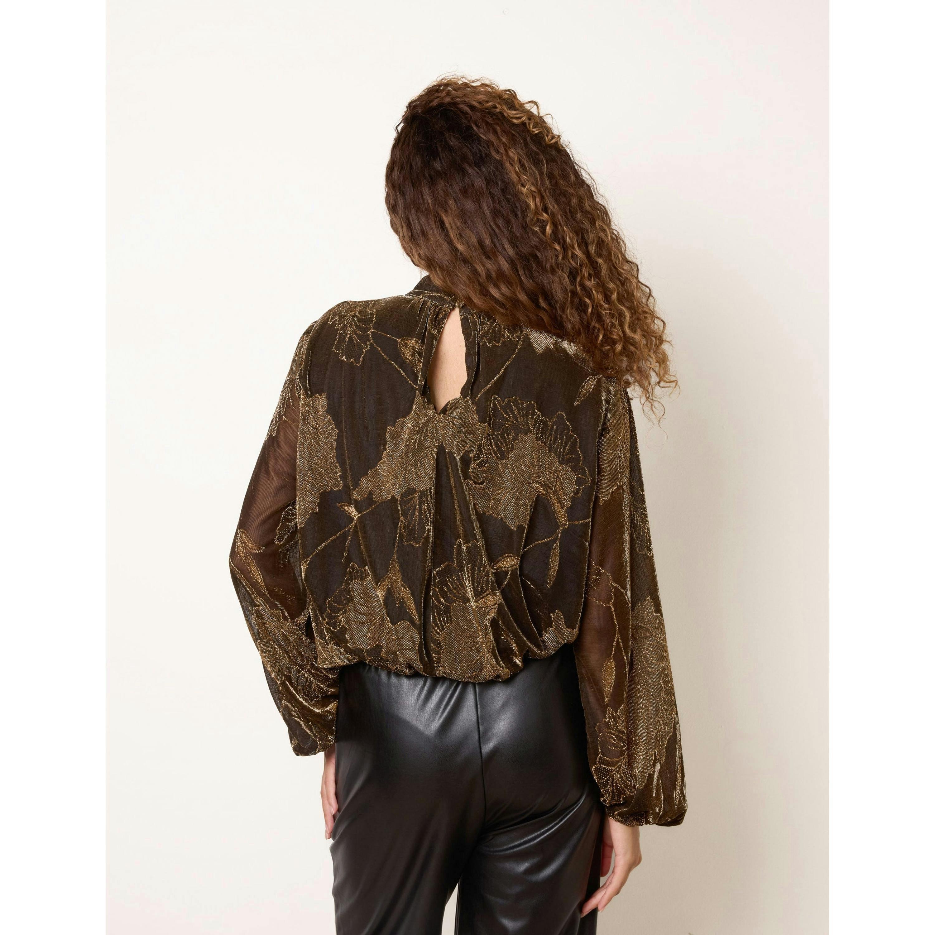 Blue Vanilla Metallic Floral High Neck Puff Ball Blouse  in Bronze , view 2 of 4