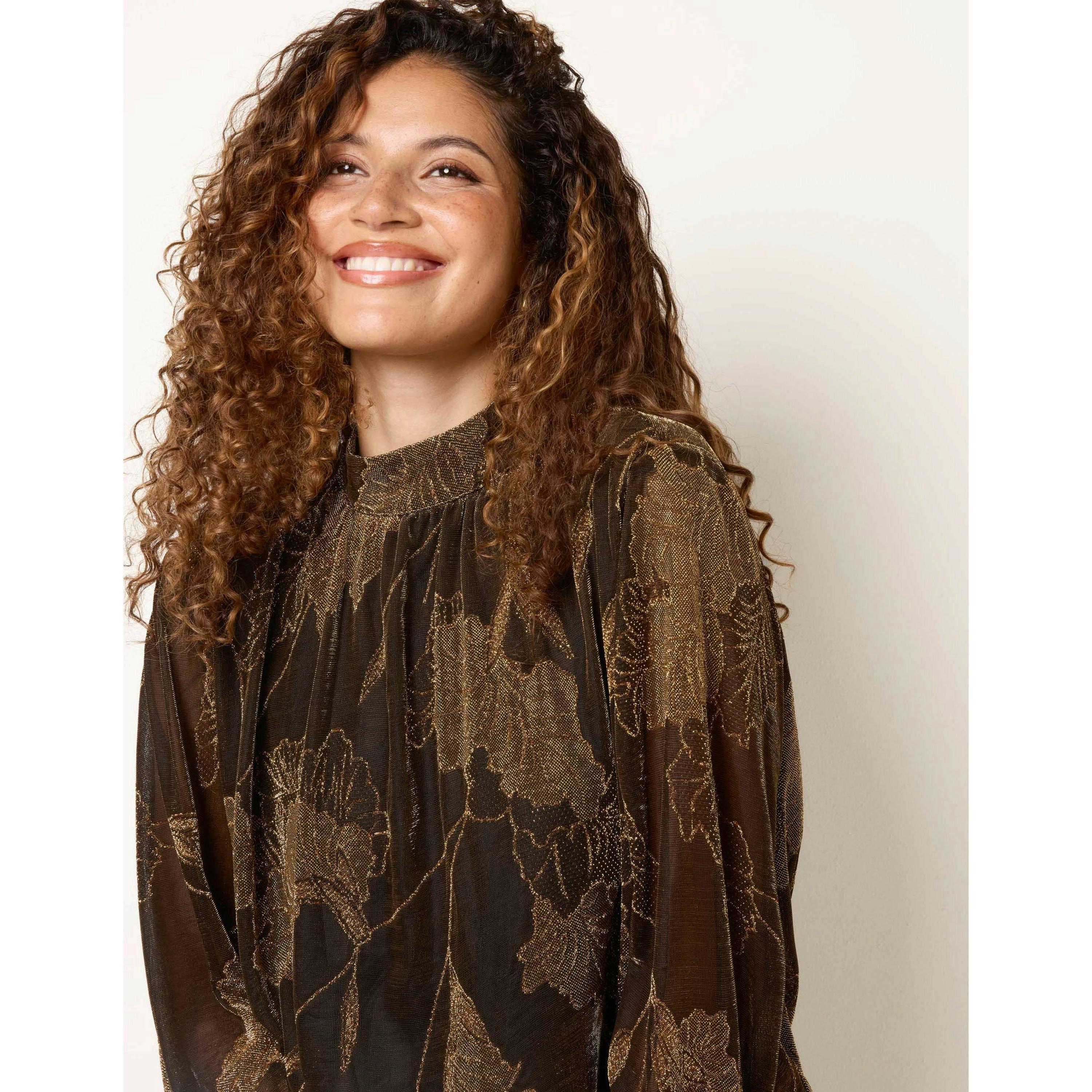 Blue Vanilla Metallic Floral High Neck Puff Ball Blouse  in Bronze , view 3 of 4