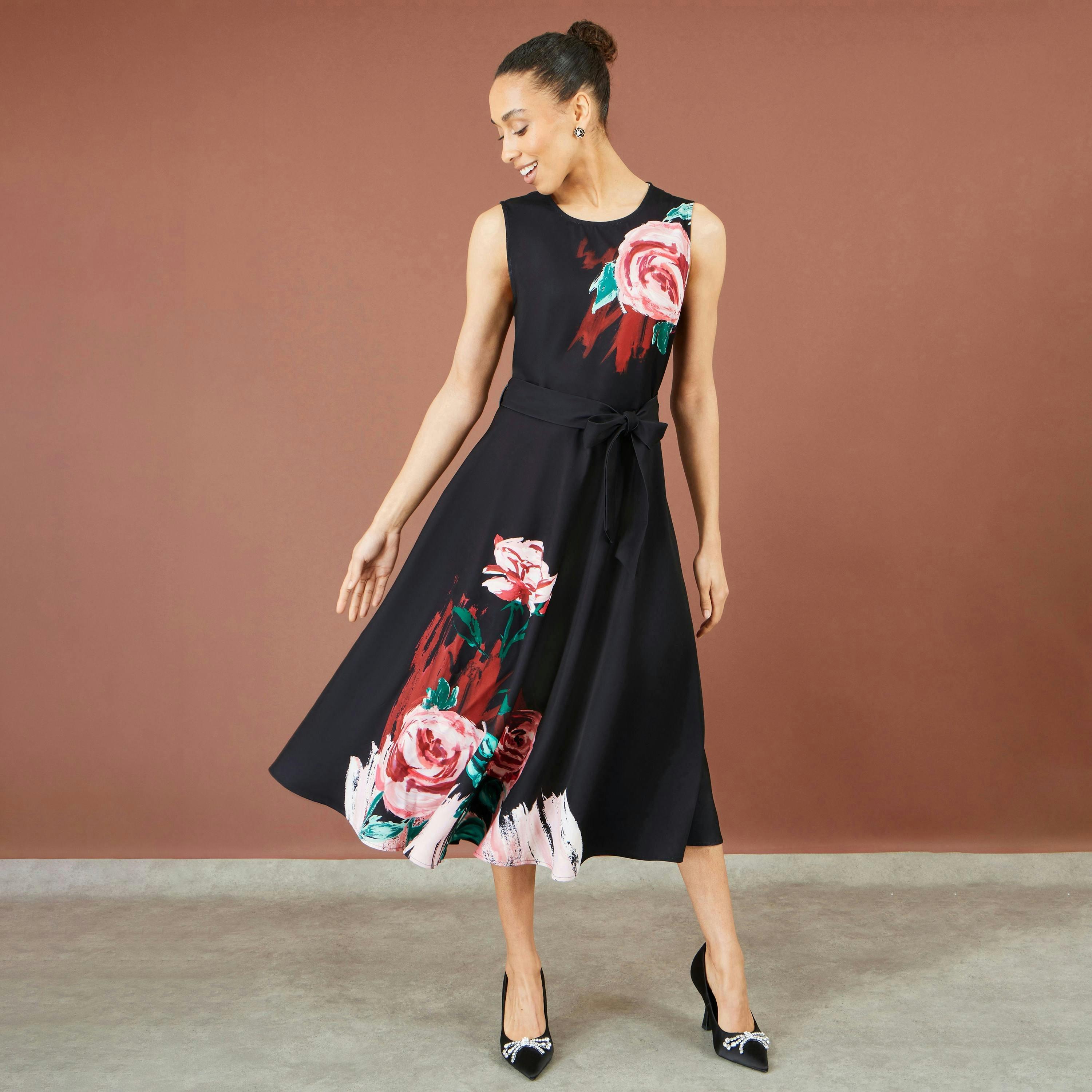 Yumi Black Abstract Floral Skater Midi Dress , view 2 of 6