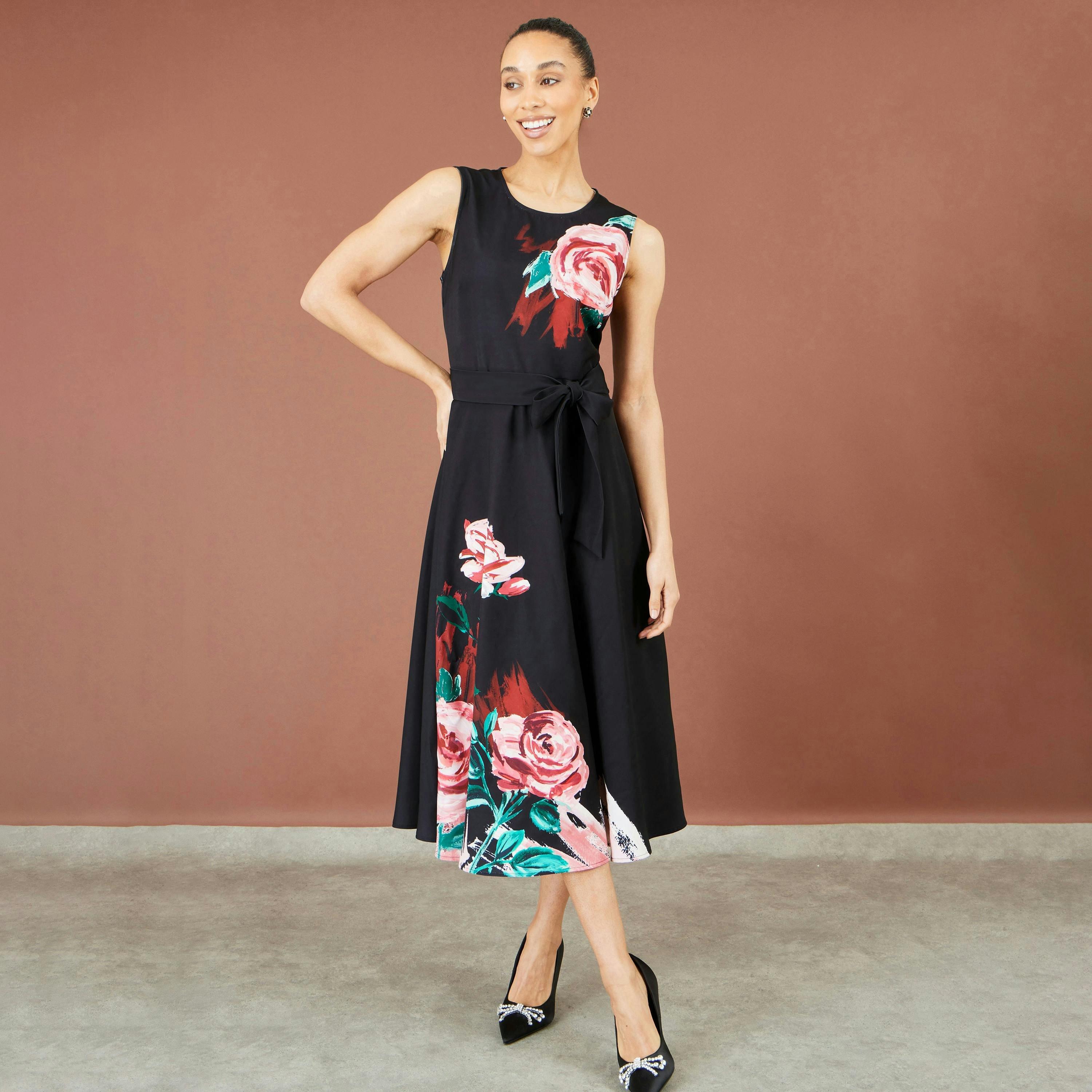 Yumi Black Abstract Floral Skater Midi Dress , view 3 of 6