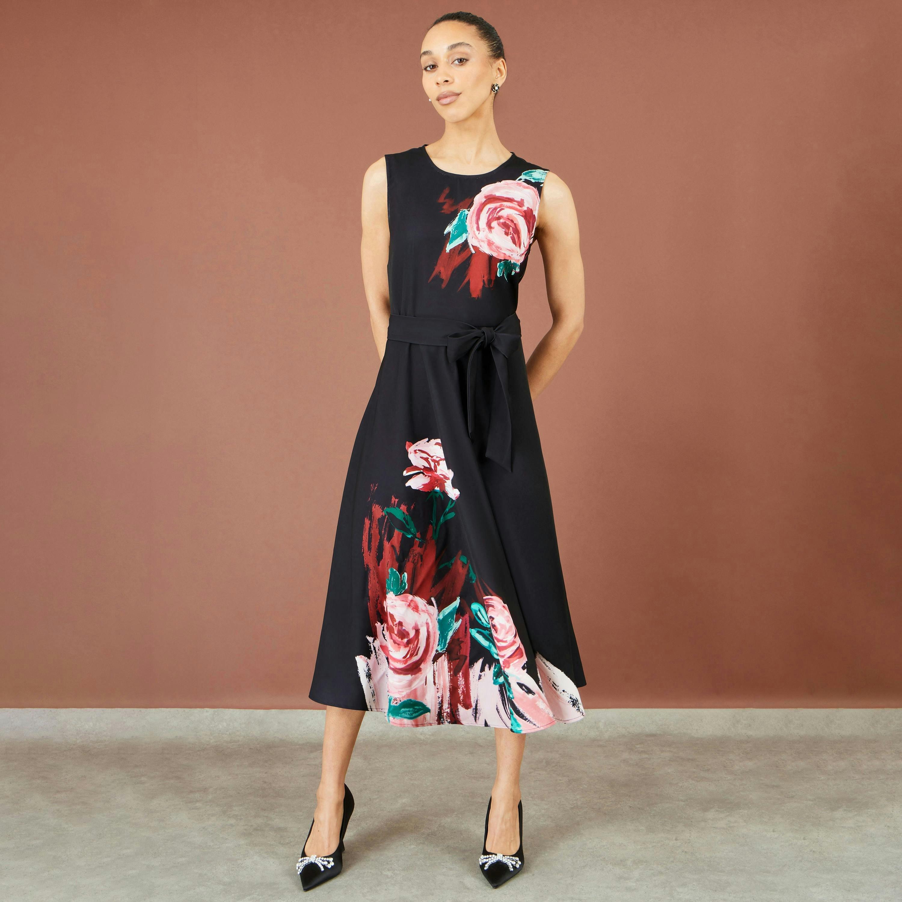 Yumi Black Abstract Floral Skater Midi Dress , view 4 of 6