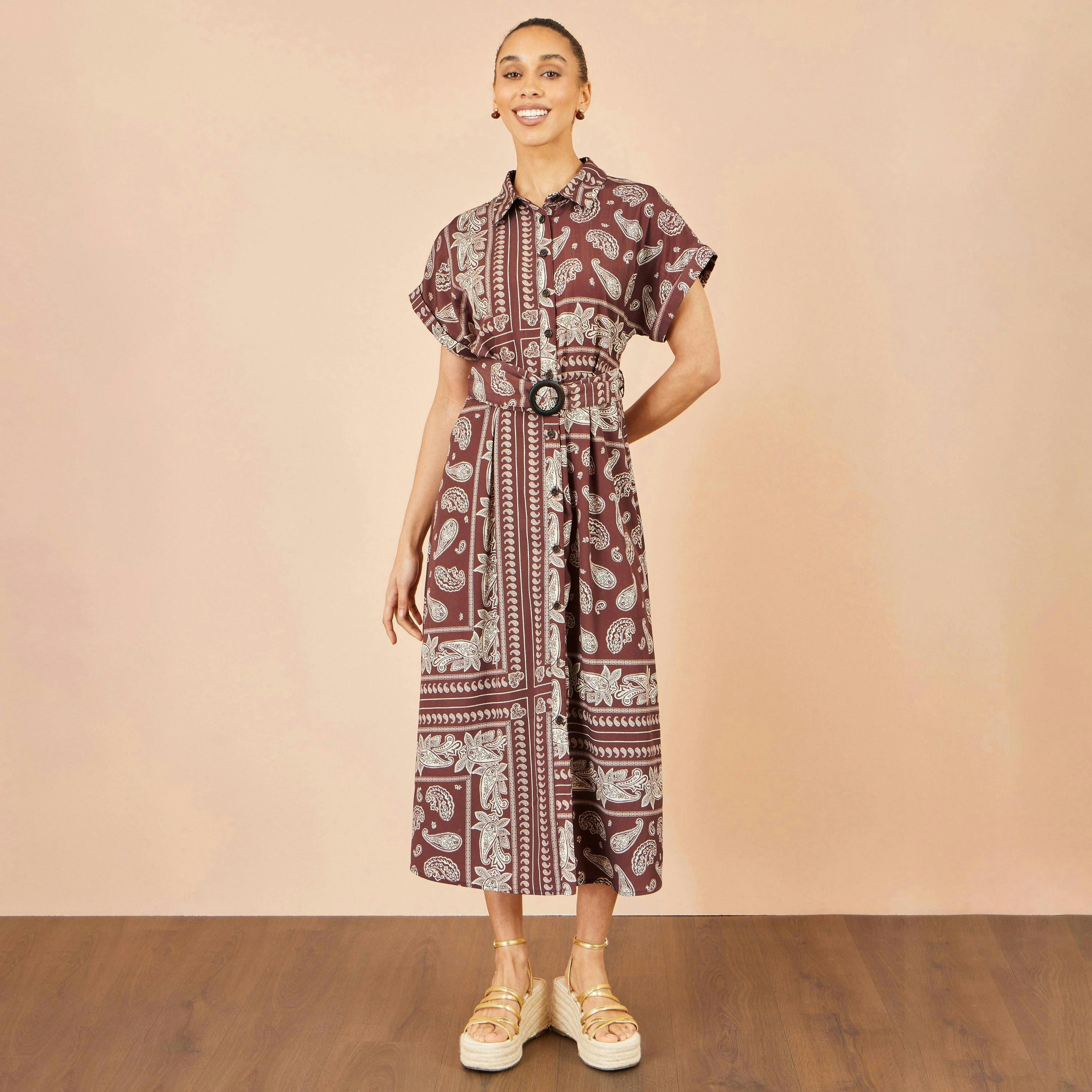 Yumi Brown Scarf Print Midi Shirt Dress , view 2 of 6