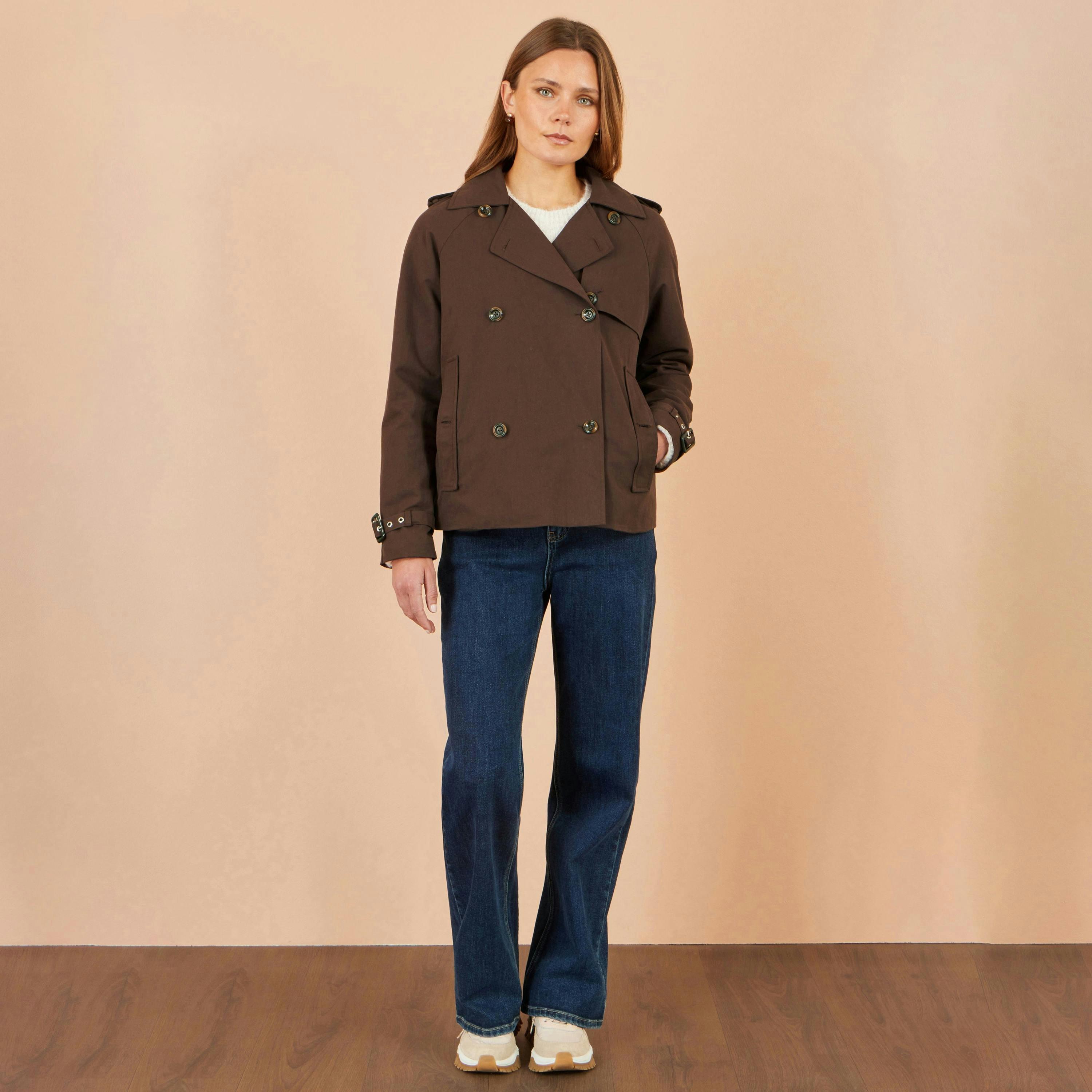 Yumi Brown Cropped Trench Coat With Check Lining , view 2 of 4
