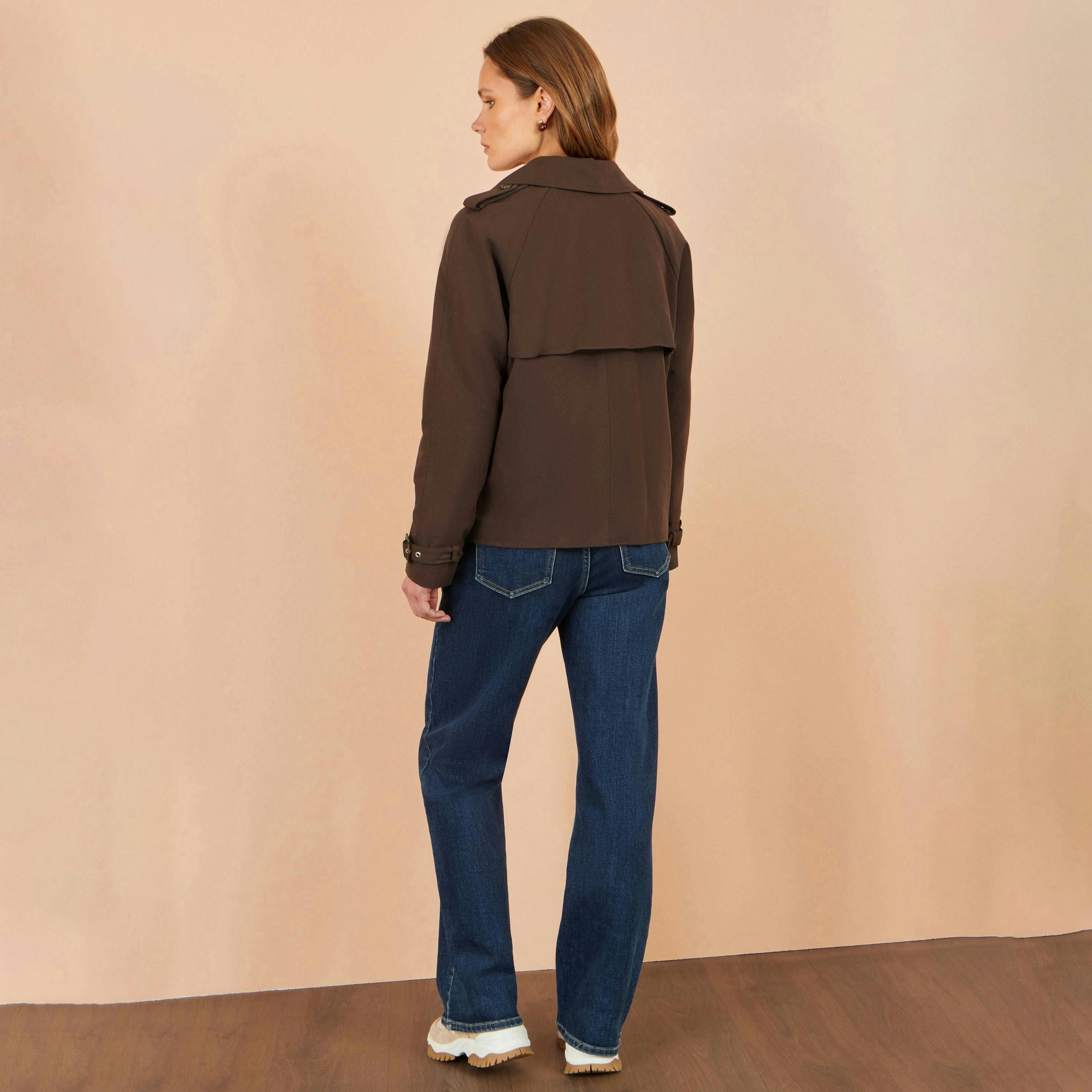 Yumi Brown Cropped Trench Coat With Check Lining , view 3 of 4