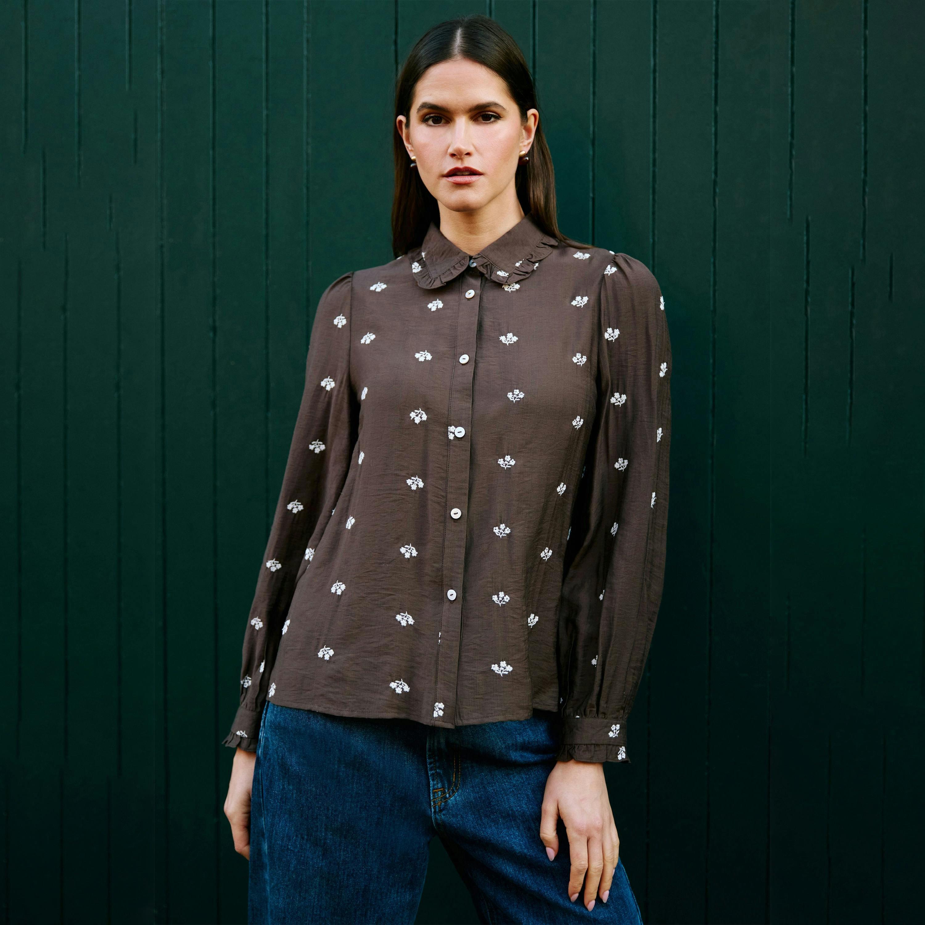 Yumi Brown Viscose Daisy Embroidered Shirt , view 2 of 6