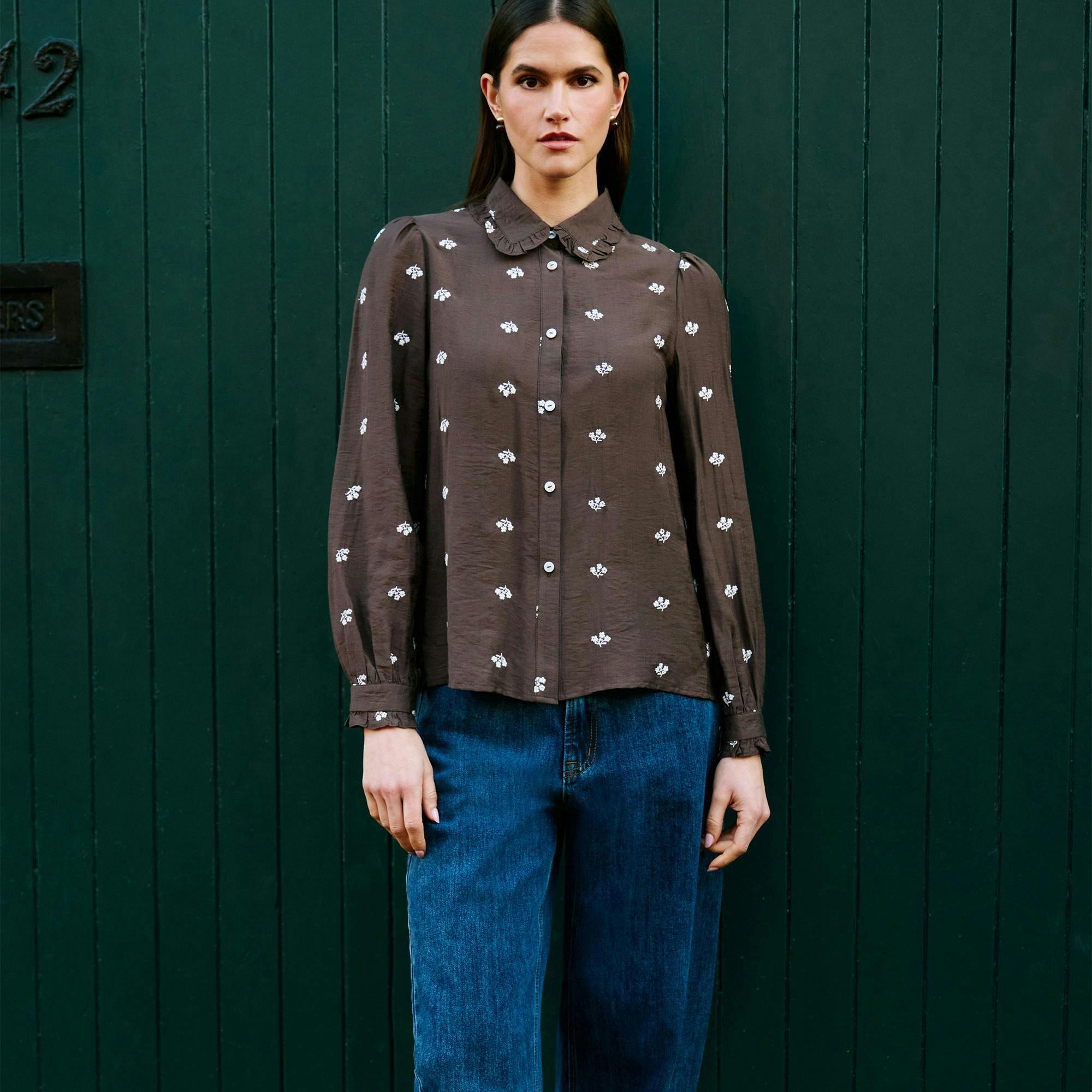 Yumi Brown Viscose Daisy Embroidered Shirt , view 3 of 6