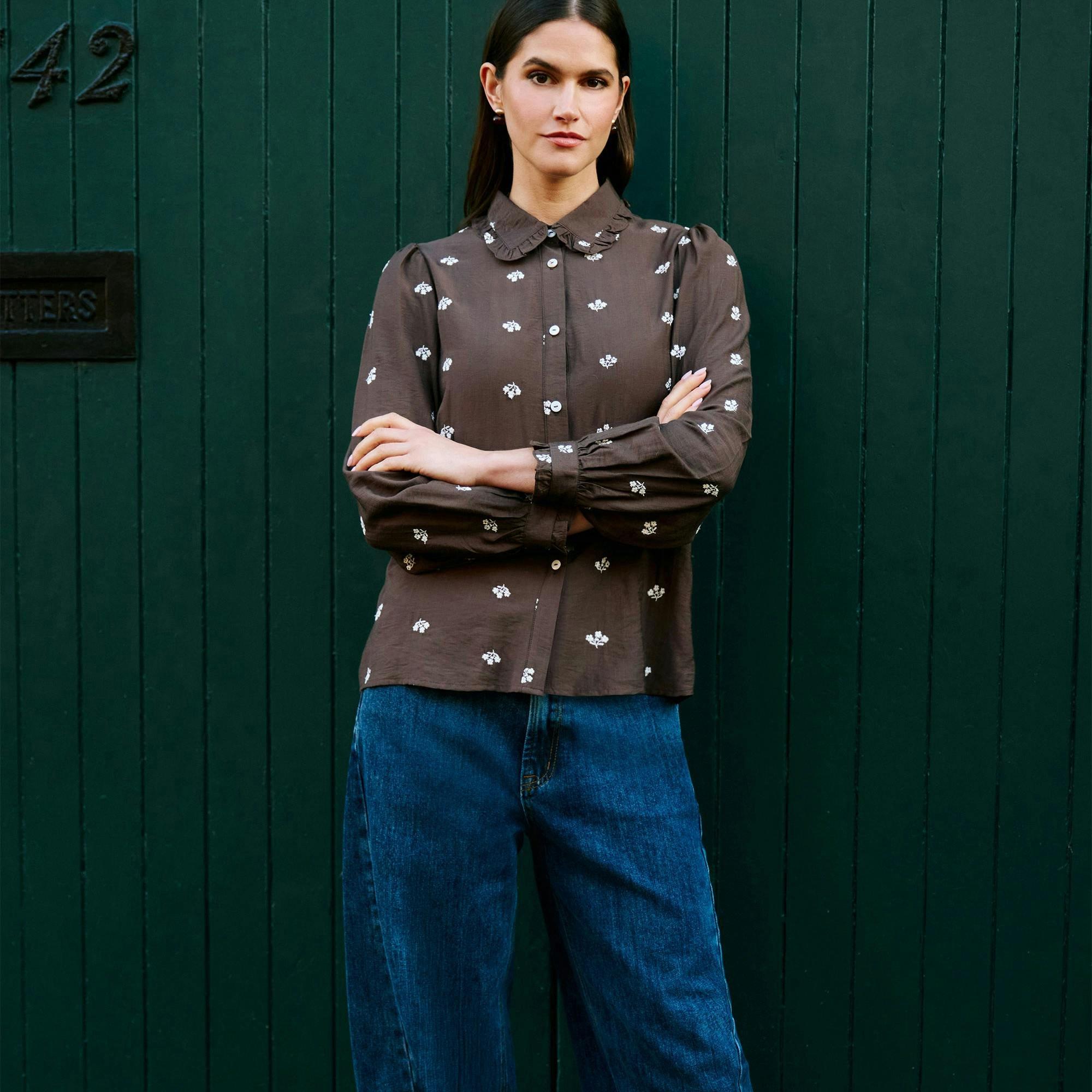 Yumi Brown Viscose Daisy Embroidered Shirt , view 4 of 6