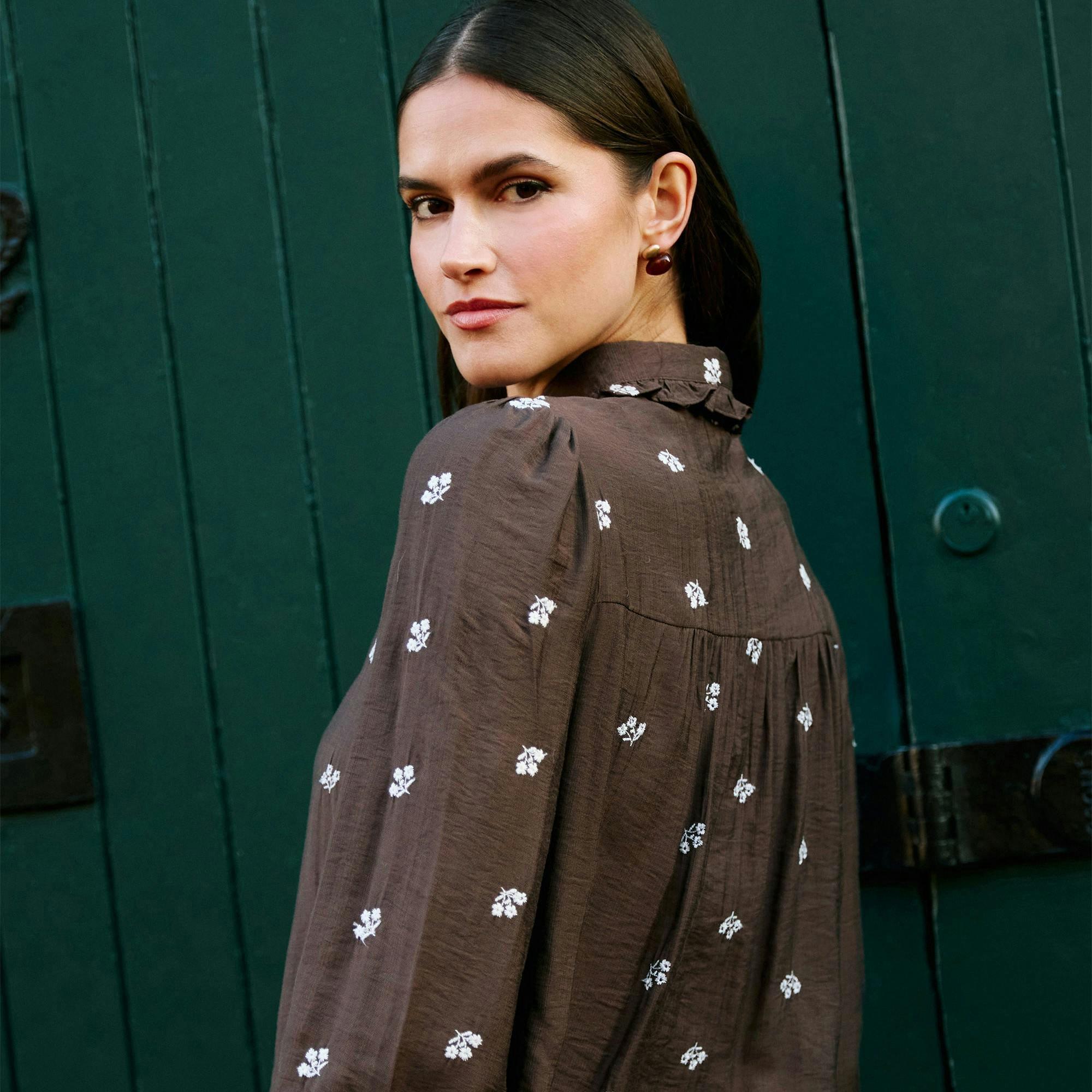Yumi Brown Viscose Daisy Embroidered Shirt , view 5 of 6