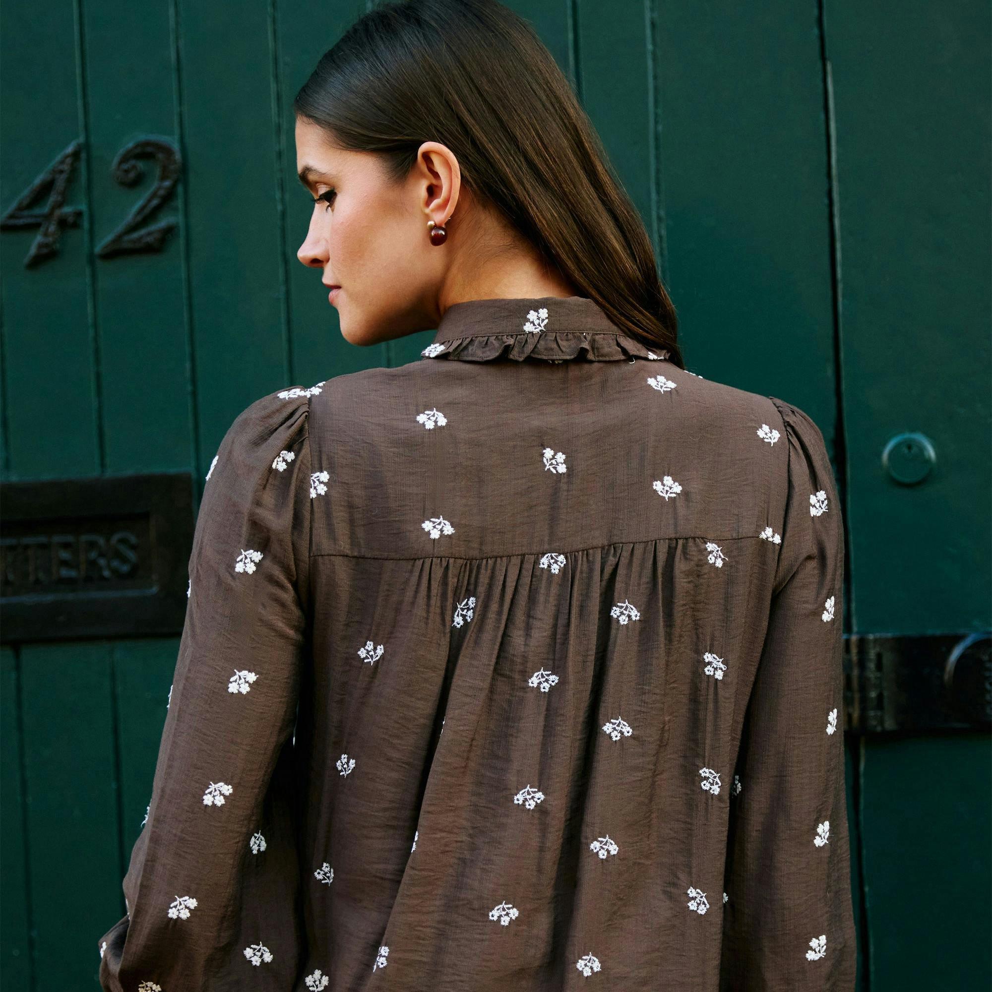 Yumi Brown Viscose Daisy Embroidered Shirt , view 6 of 6