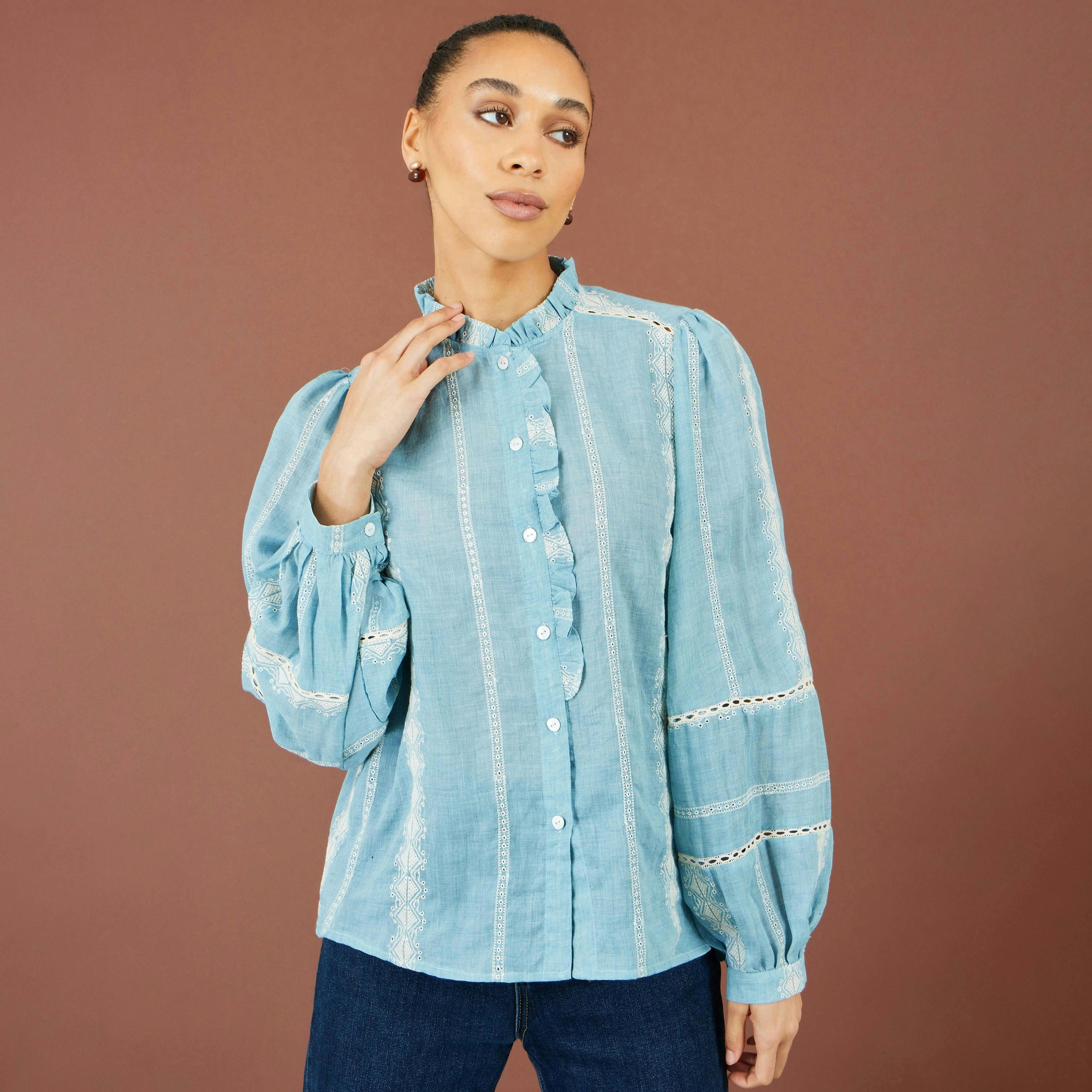Yumi Blue Cotton Embroidered Panel Shirt , view 3 of 6