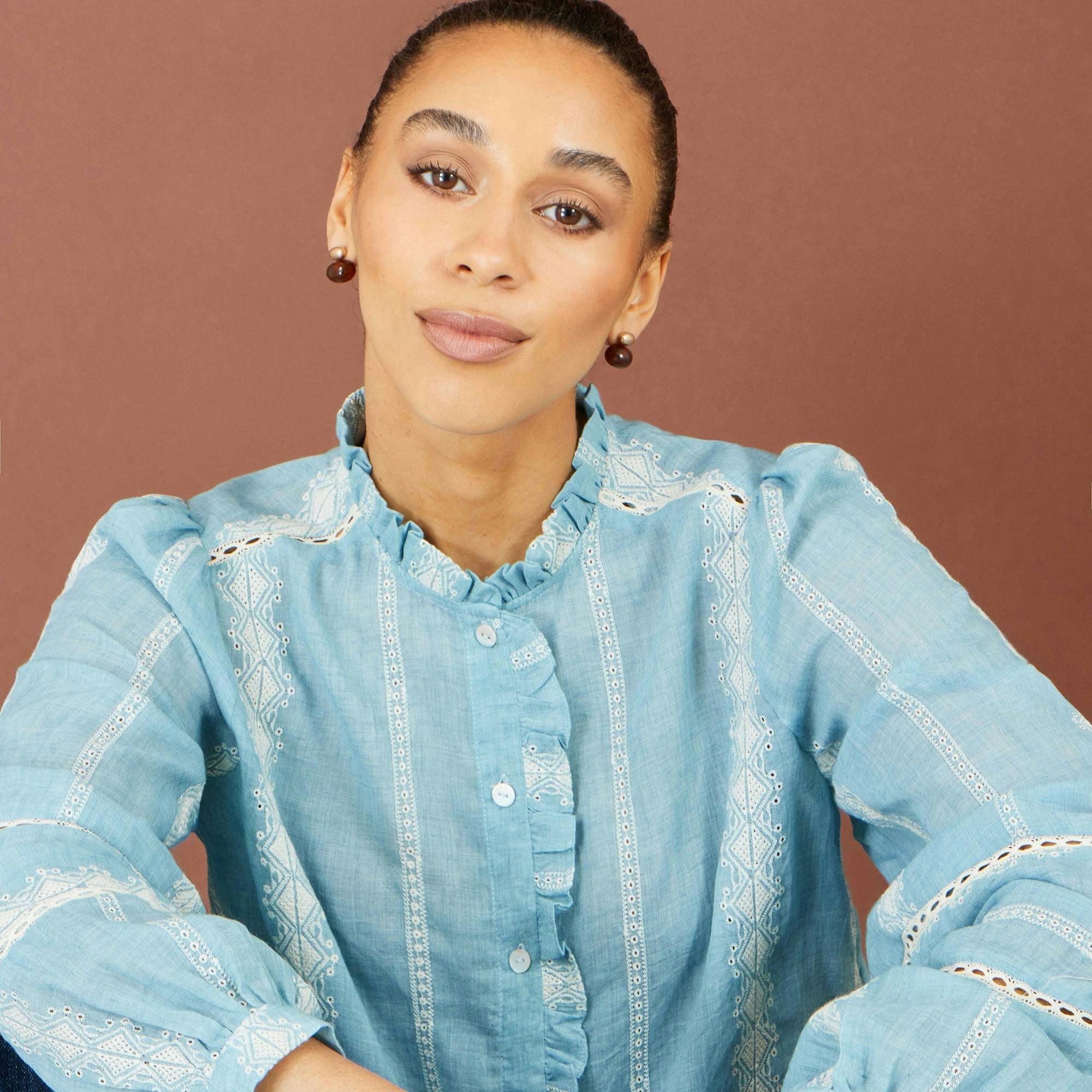 Yumi Blue Cotton Embroidered Panel Shirt , view 4 of 6