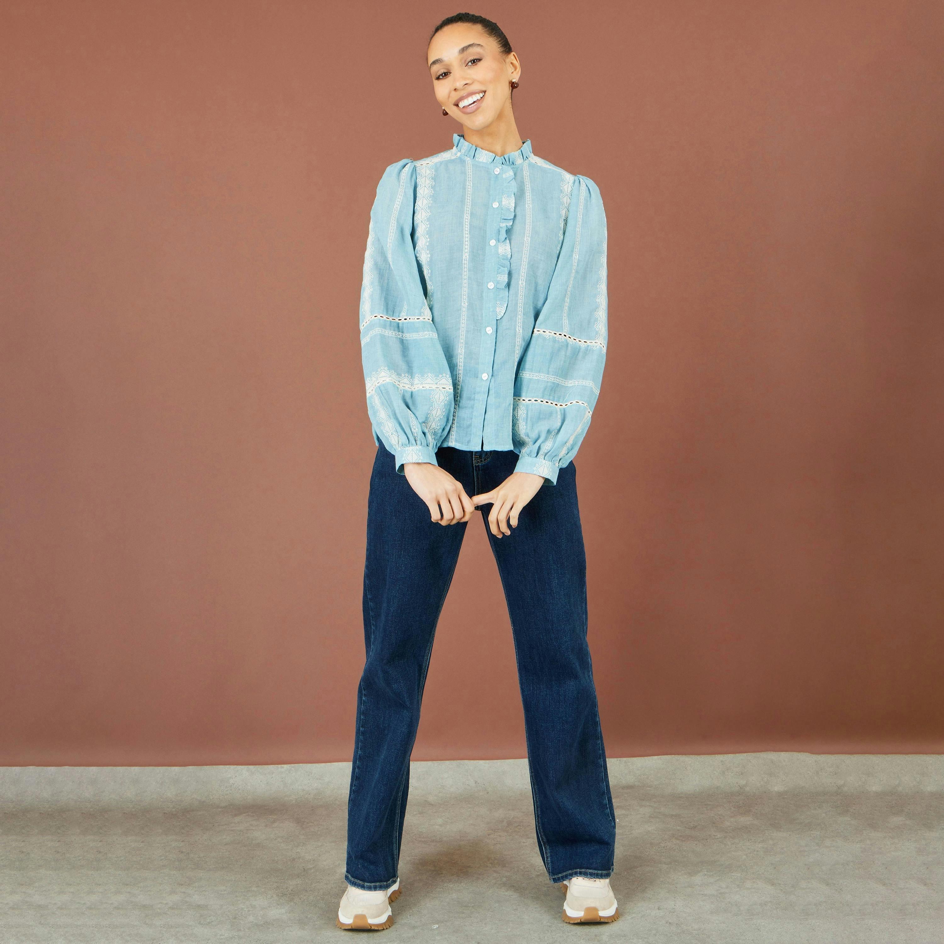Yumi Blue Cotton Embroidered Panel Shirt , view 5 of 6