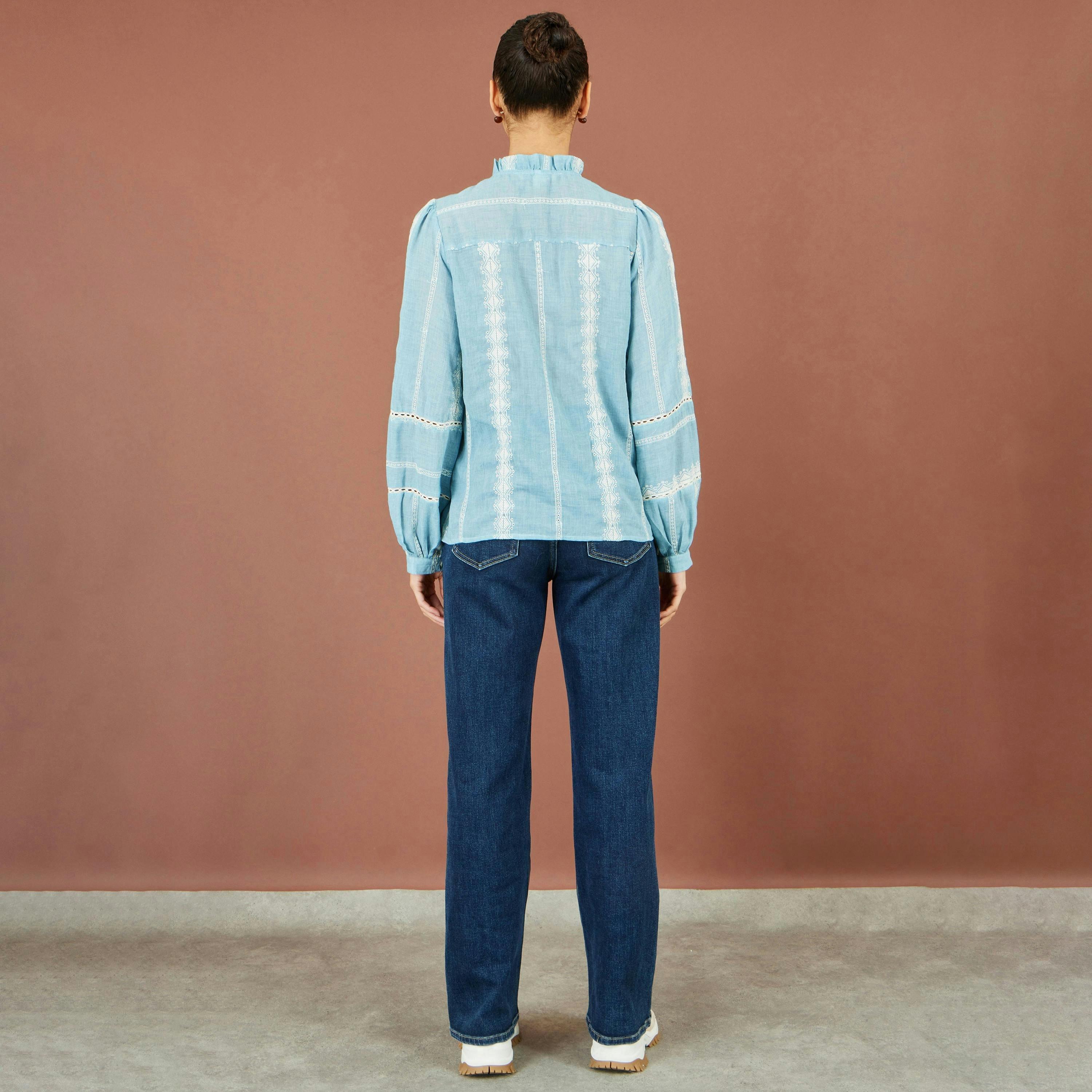 Yumi Blue Cotton Embroidered Panel Shirt , view 6 of 6