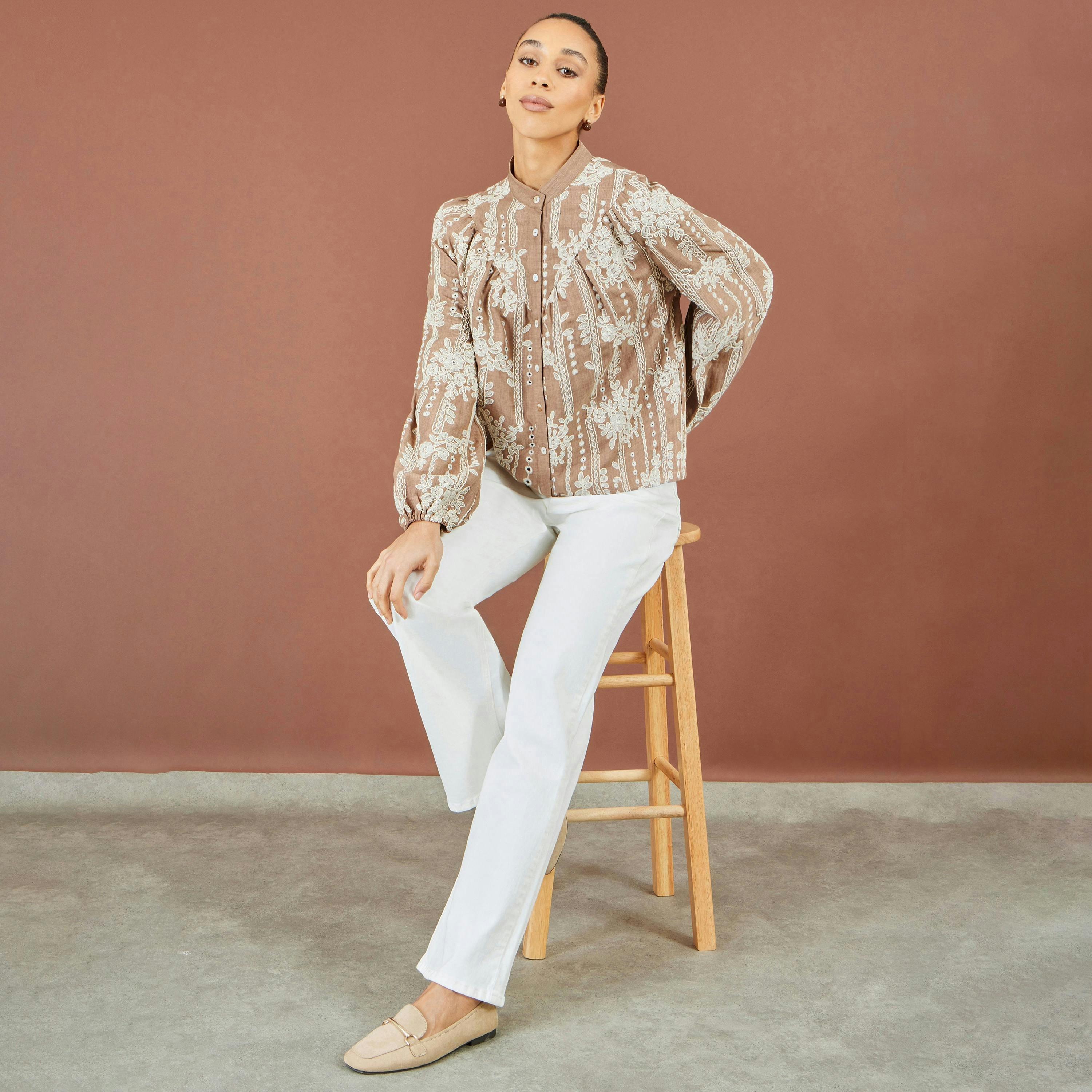 Yumi Brown Embroidered Floral Relaxed Shirt , view 2 of 6