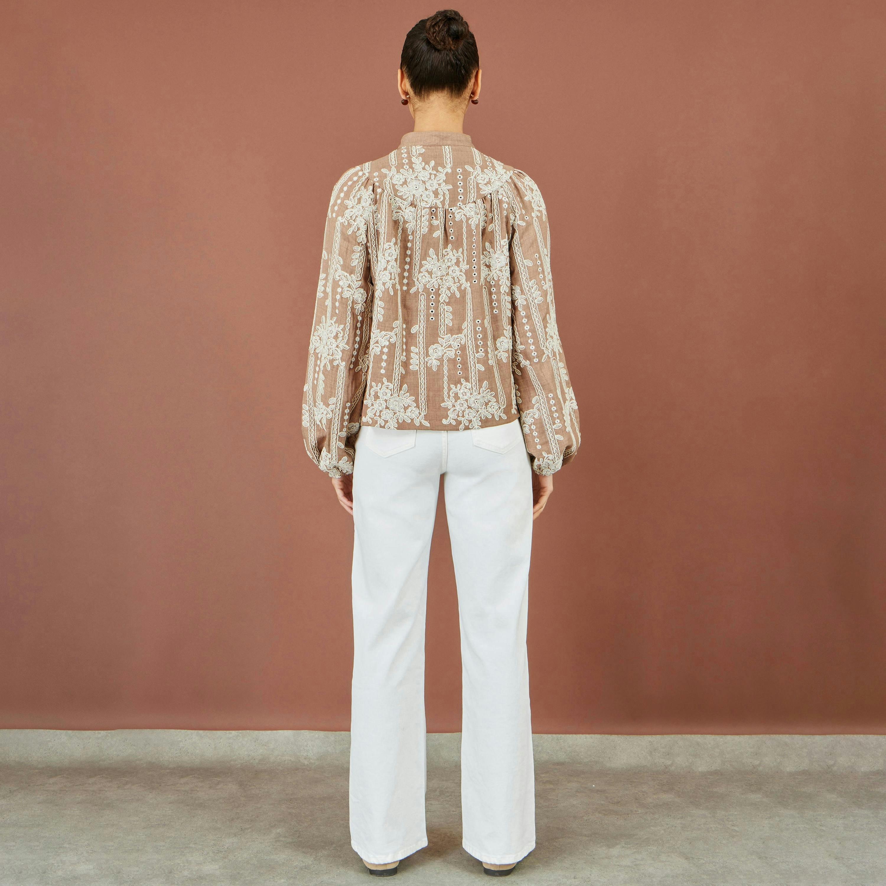 Yumi Brown Embroidered Floral Relaxed Shirt , view 3 of 6