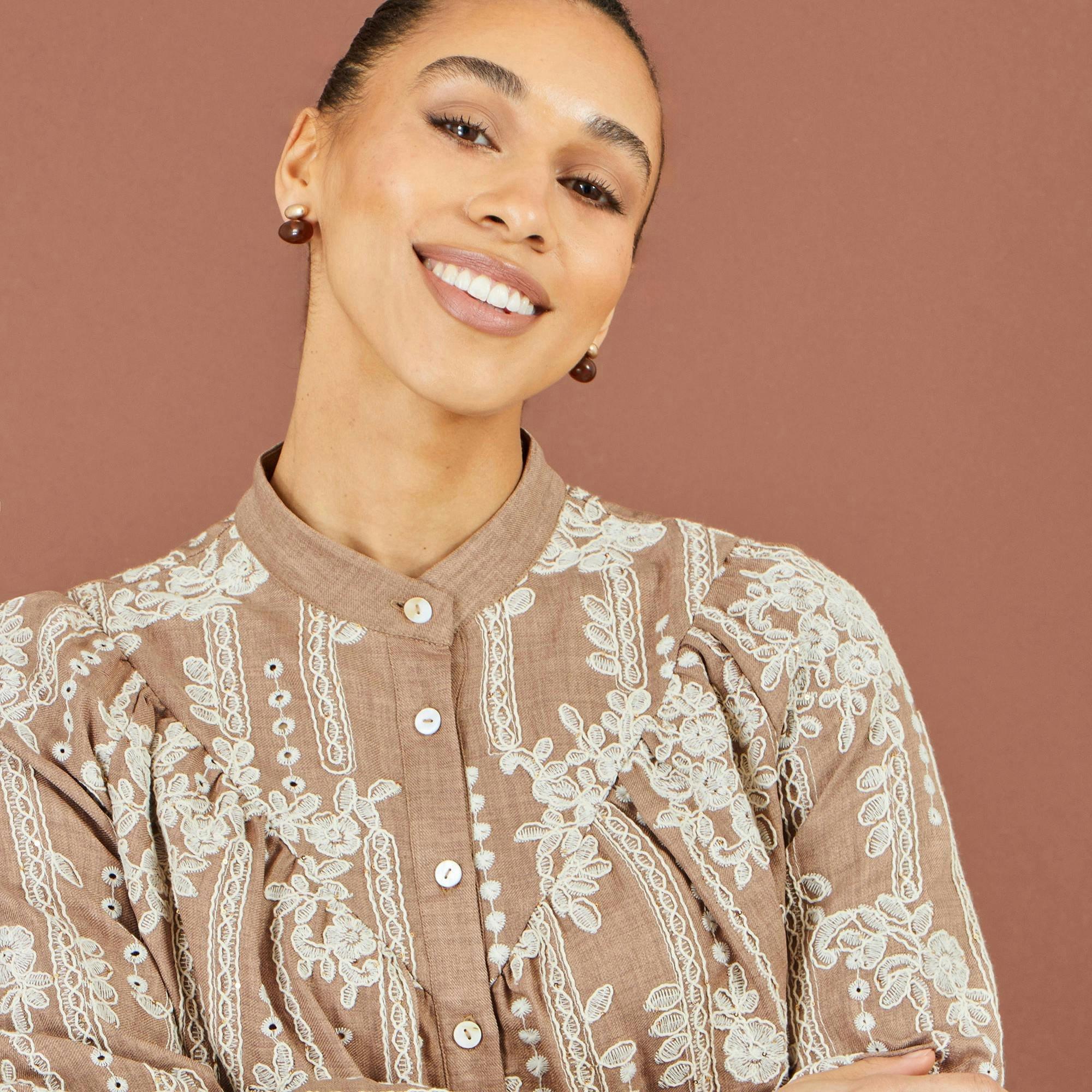 Yumi Brown Embroidered Floral Relaxed Shirt , view 4 of 6