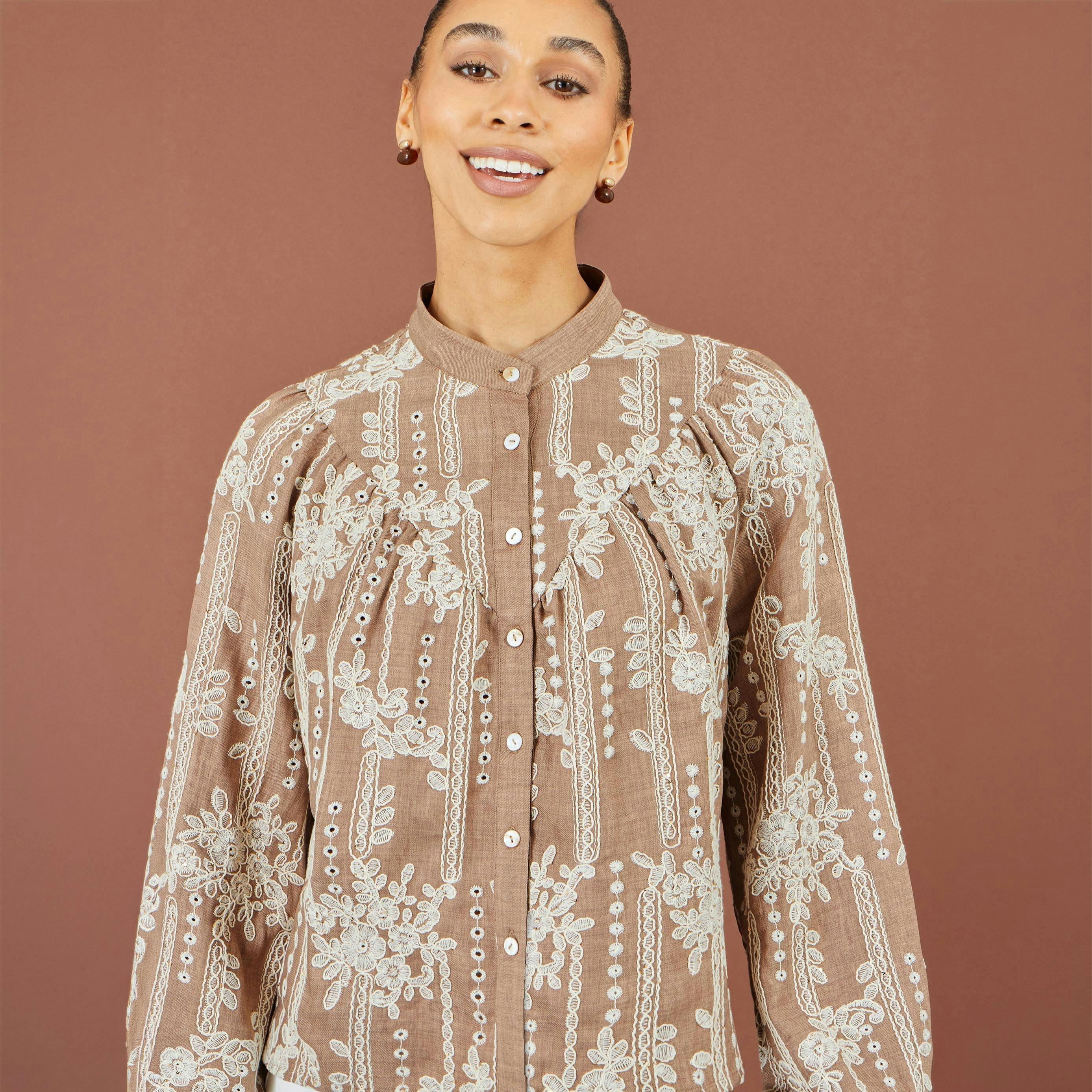 Yumi Brown Embroidered Floral Relaxed Shirt , view 5 of 6