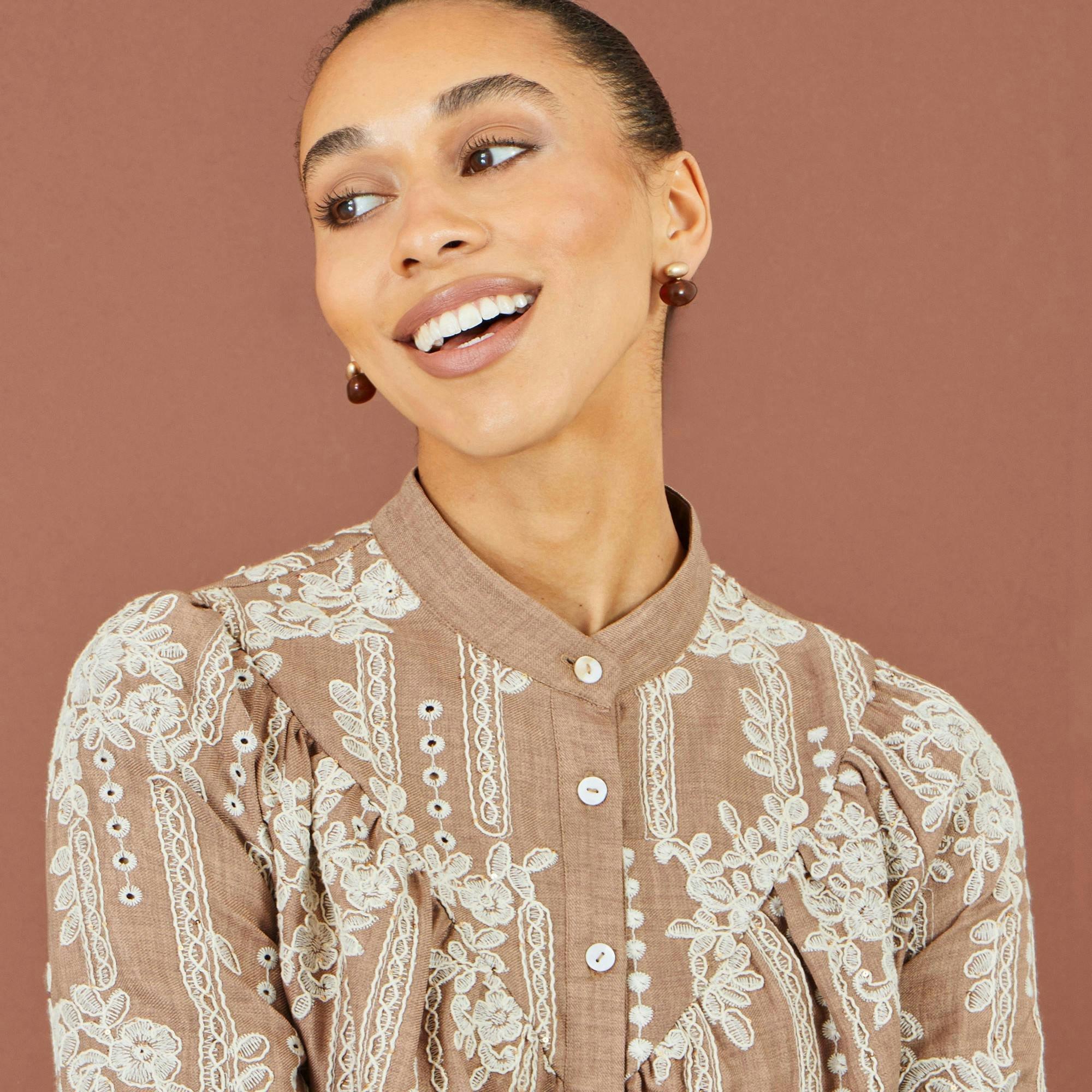 Yumi Brown Embroidered Floral Relaxed Shirt , view 6 of 6