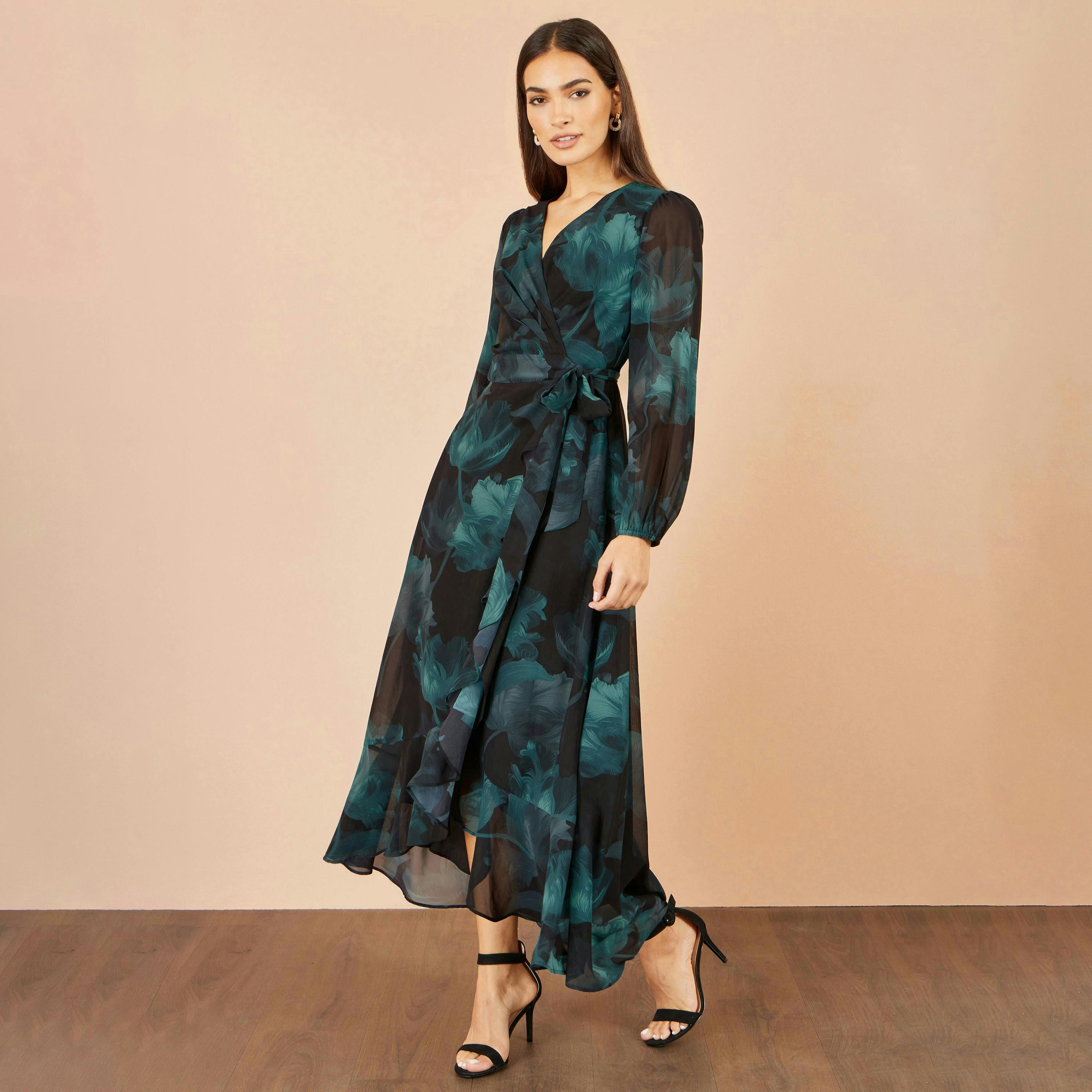Yumi Black Floral Dipped Hem Wrap Midi Dress , view 2 of 5