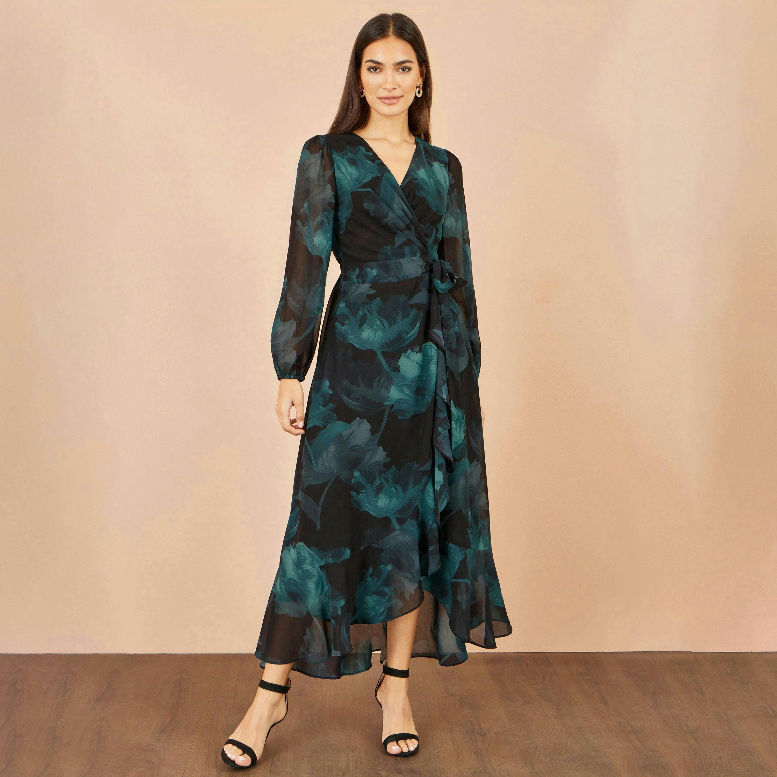 Yumi Black Floral Dipped Hem Wrap Midi Dress , view 3 of 5