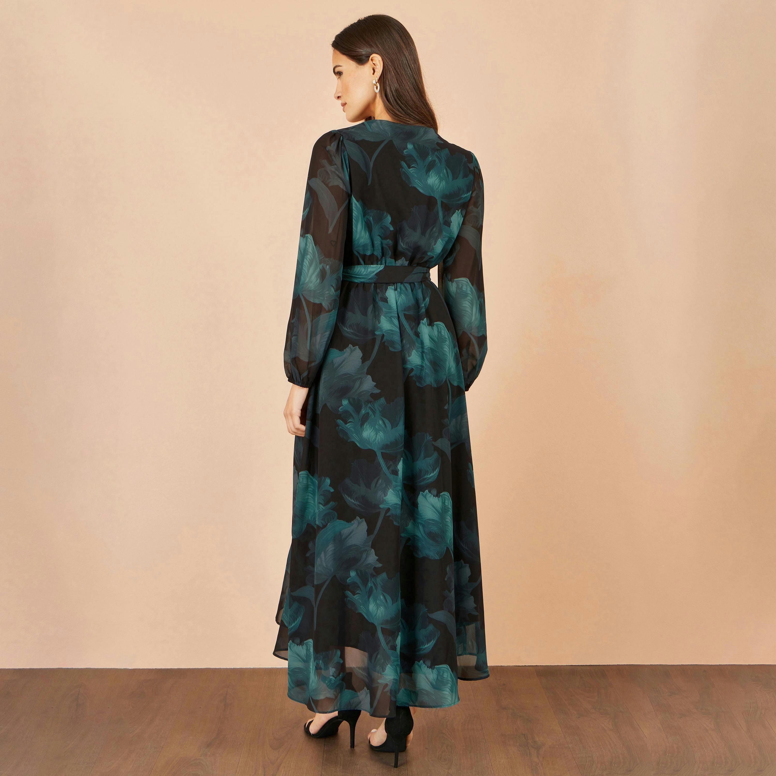 Yumi Black Floral Dipped Hem Wrap Midi Dress , view 4 of 5